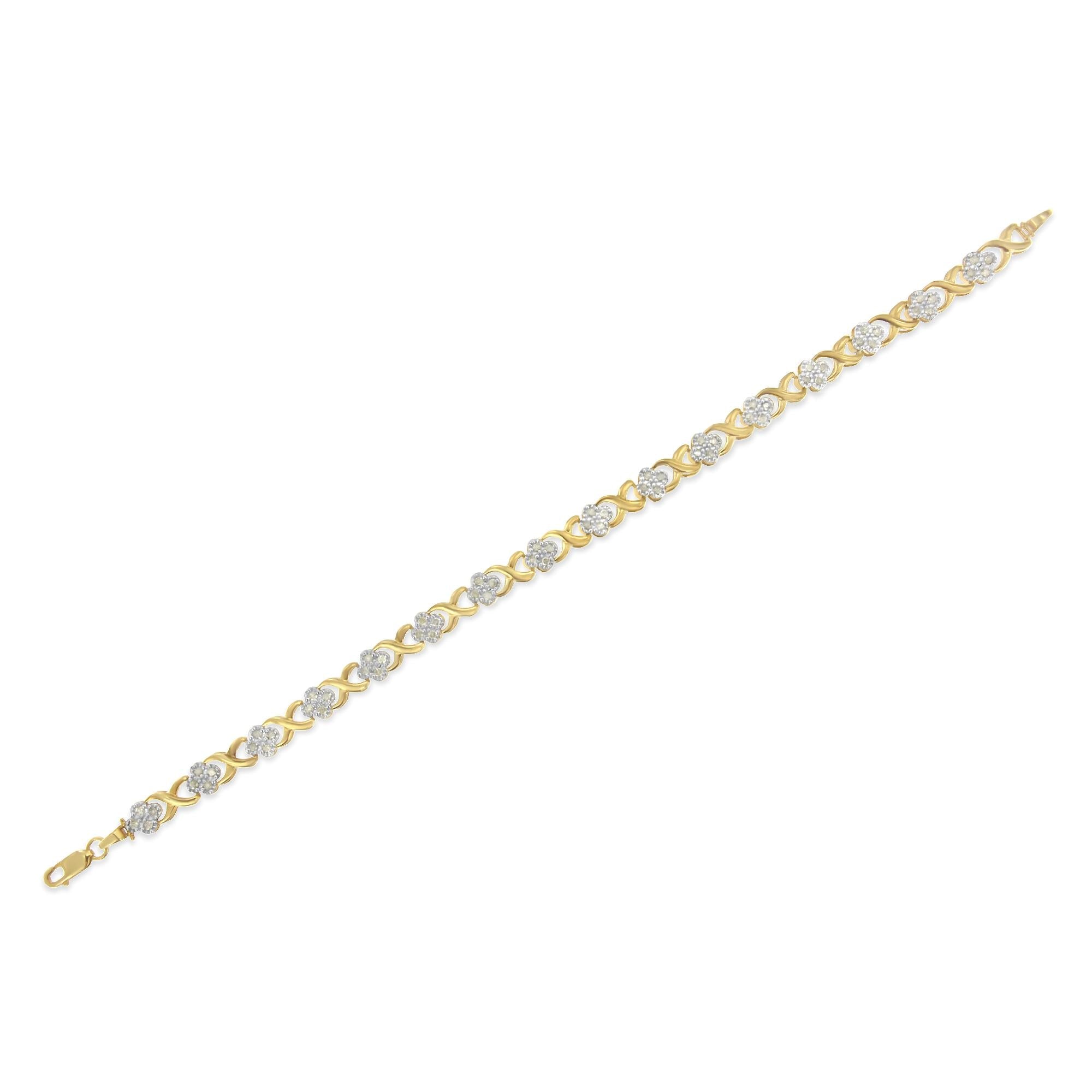 Pulsera de tenis con eslabones en X de oro amarillo de 10 quilates sobre plata de ley 925 con diamantes de 1,0 quilates (color HI, claridad I3) - 18 cm - Friggin Jewelry