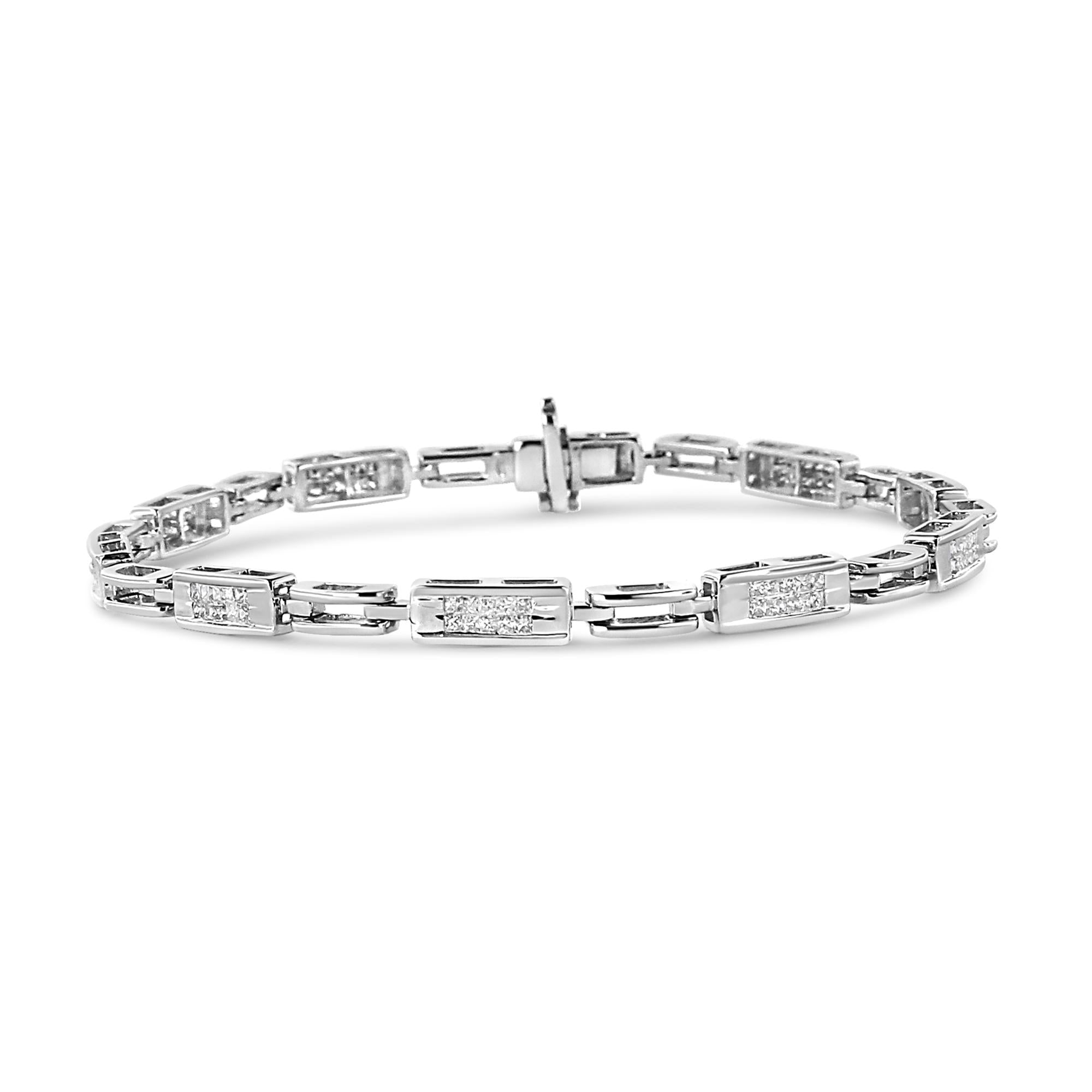 Pulsera de tenis de oro blanco de 14 quilates con diamantes de talla princesa engastados invisibles de 1,0 quilates y eslabones alternados (color IJ, claridad I1-I2) - 7,25" - Friggin Jewelry