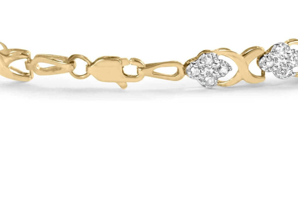 10K Yellow Gold 1.00 Cttw Diamond 5 Stone Floral Cluster and "X" Link 7" Bracelet (I-J Color, I3 Clarity) - Friggin Jewelry
