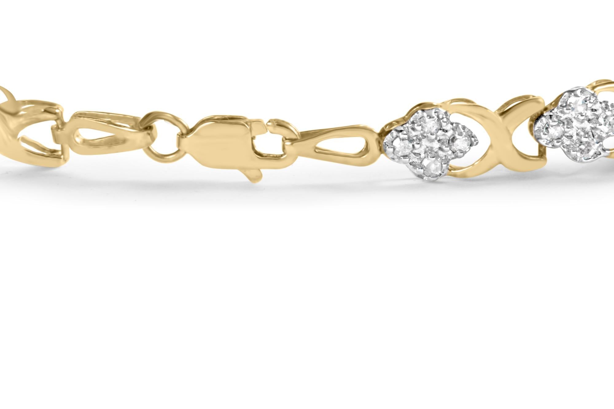 10K Yellow Gold 1.00 Cttw Diamond 5 Stone Floral Cluster and "X" Link 7" Bracelet (I-J Color, I3 Clarity) - Friggin Jewelry