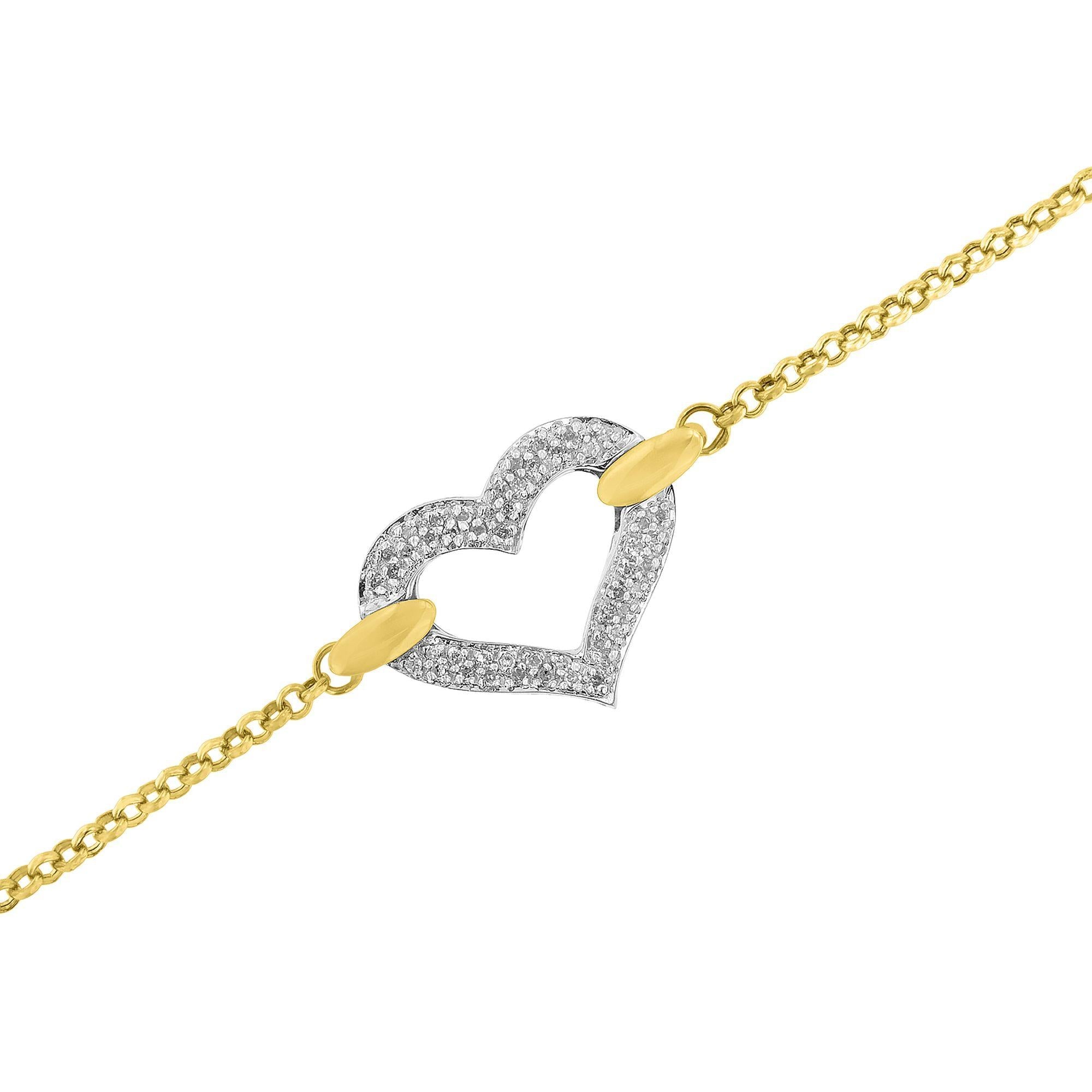 10K Two Tone Gold 1/4 Cttw Diamond Encrusted Heart Charm 7" Bracelet (H-I Color, I1-I2 Clarity) - Friggin Jewelry