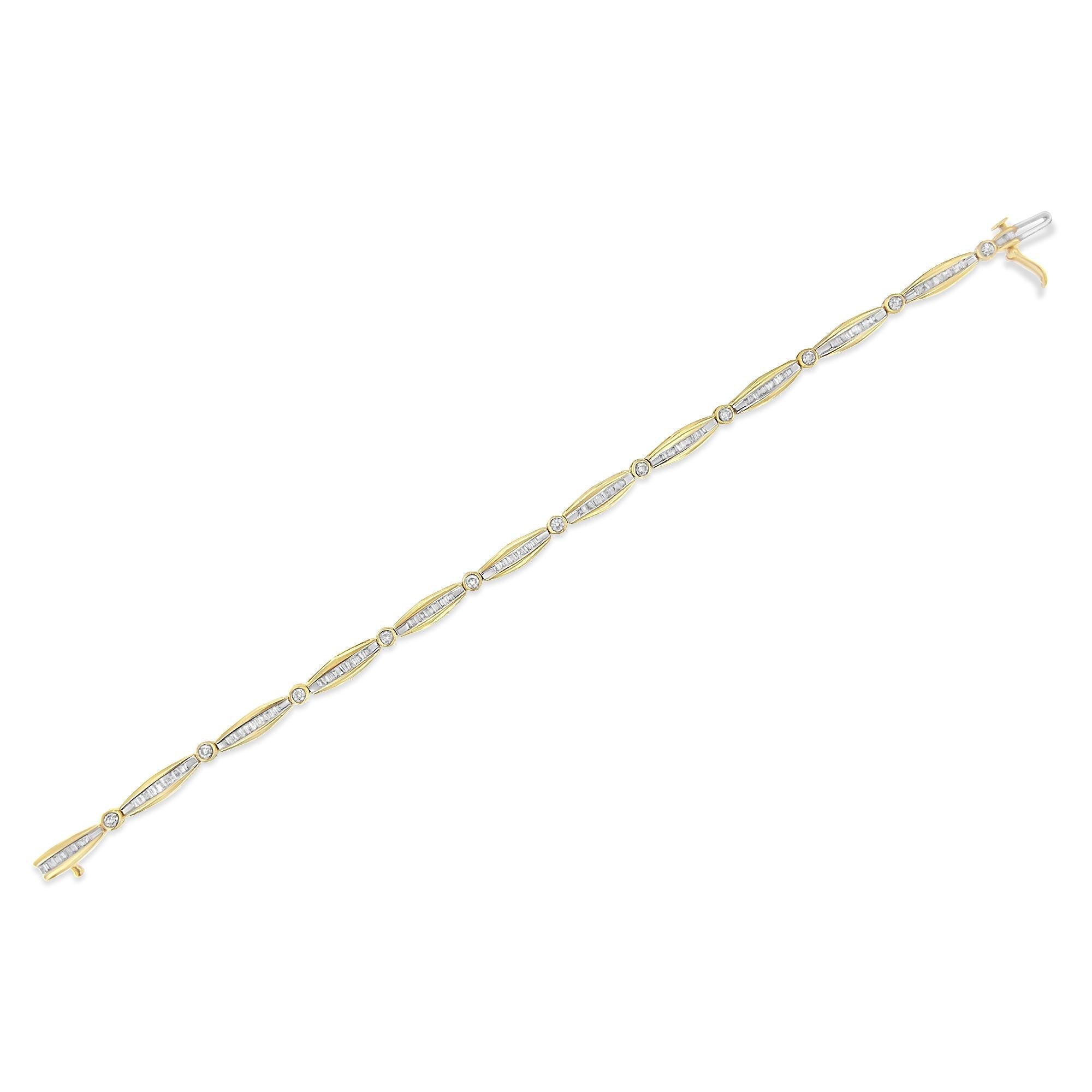 14K Yellow Gold 1-1/2 Cttw Round Brilliant-Cut & Baguette Cut Diamond Bezel and Tapered Link 7" Tennis Bracelet (H-I Color, I1-I2 Clarity) - Friggin Jewelry