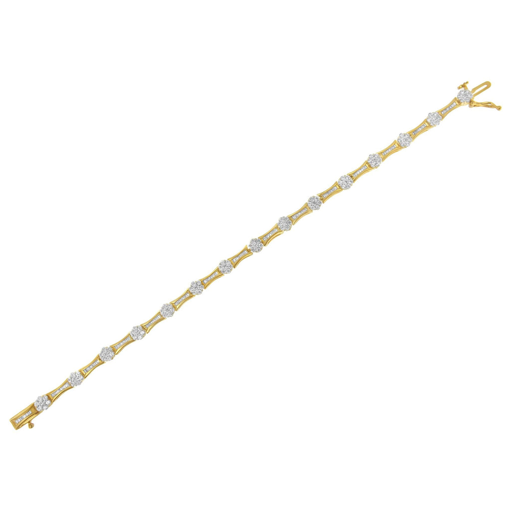 Pulsera de oro amarillo y blanco de 10 quilates con eslabones de diamantes redondos y talla baguette de 2,00 cts (color IJ, claridad I2-I3) - Talla 7,25" - Friggin Jewelry