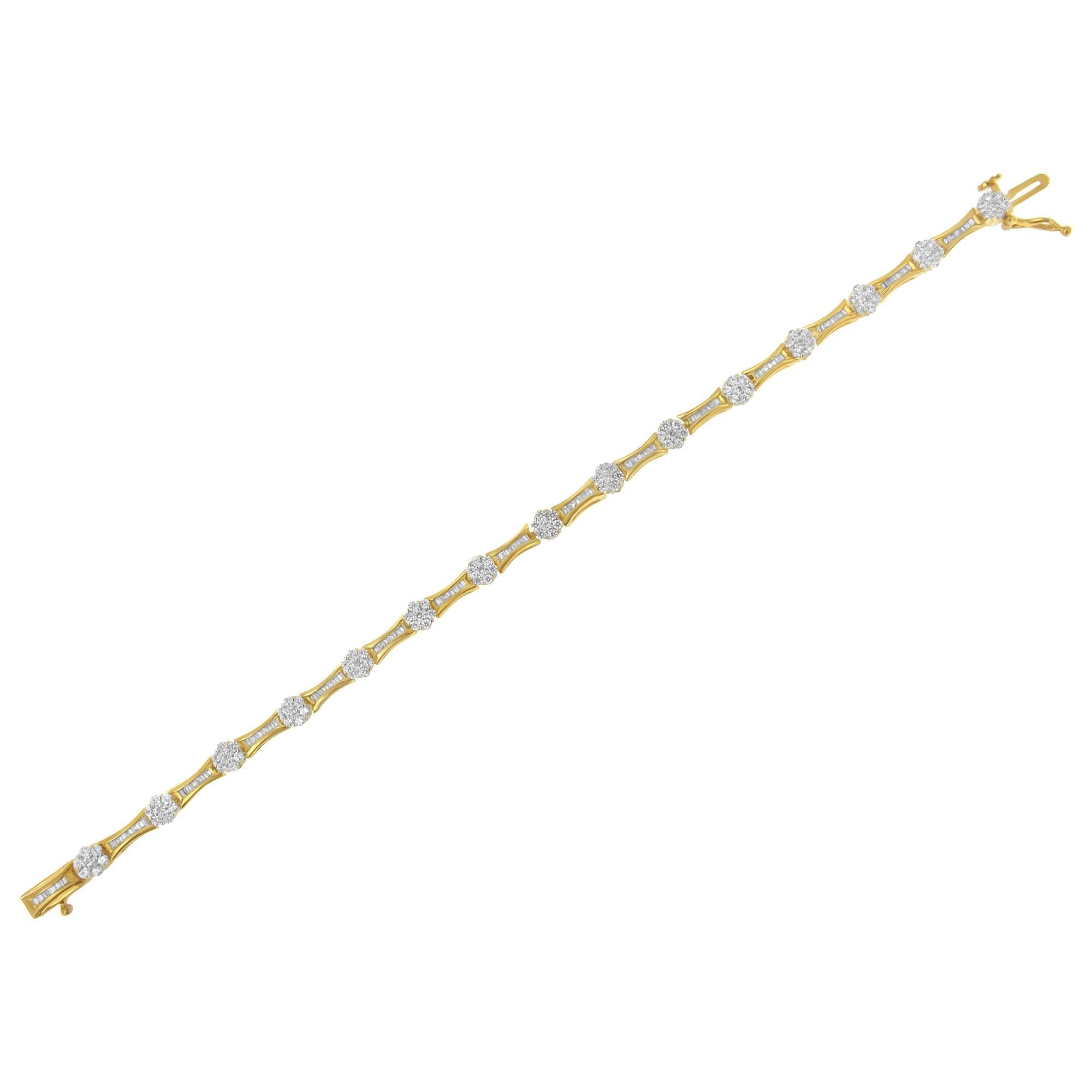 10K Yellow and White Gold 2.00 cttw Round and Baguette-Cut Diamond Link Bracelet (I-J Color, I2-I3 Clarity) - Size 7.25" - Friggin Jewelry