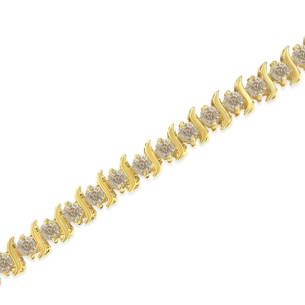 10K Yellow Gold Plated .925 Sterling Silver 7.0 cttw 2-Prong Set Round Brilliant Cut Diamond "S" Link Bracelet (J-K color, I1-I2 clarity) - 7" - Friggin Jewelry