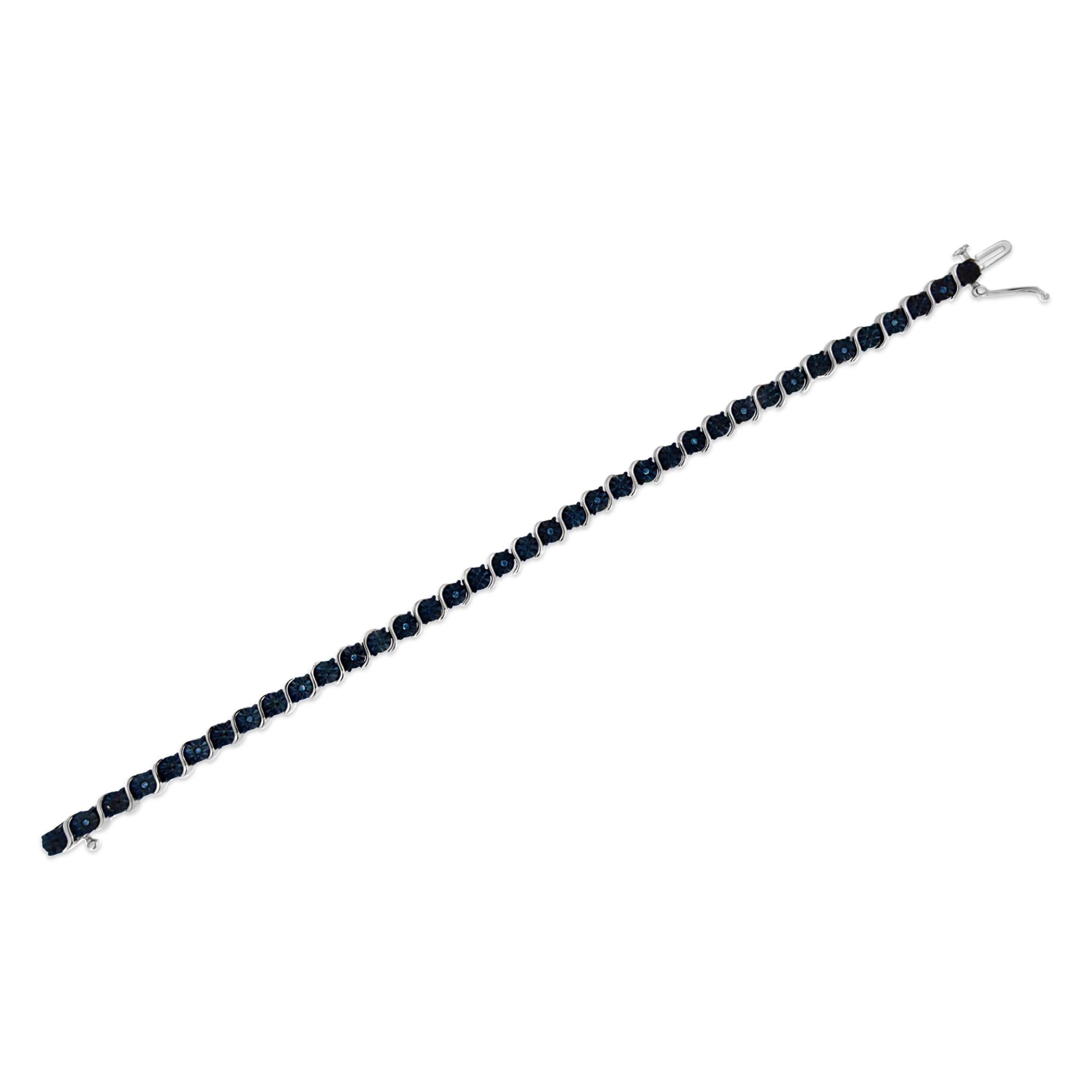 .925 Sterling Silver 1/10 Cttw Miracle-Set Treated Blue Color Diamond Miracle Plate "S" Link Tennis Bracelet (Blue Color, I2- I3 Clarity) - 7.25" - Friggin Jewelry