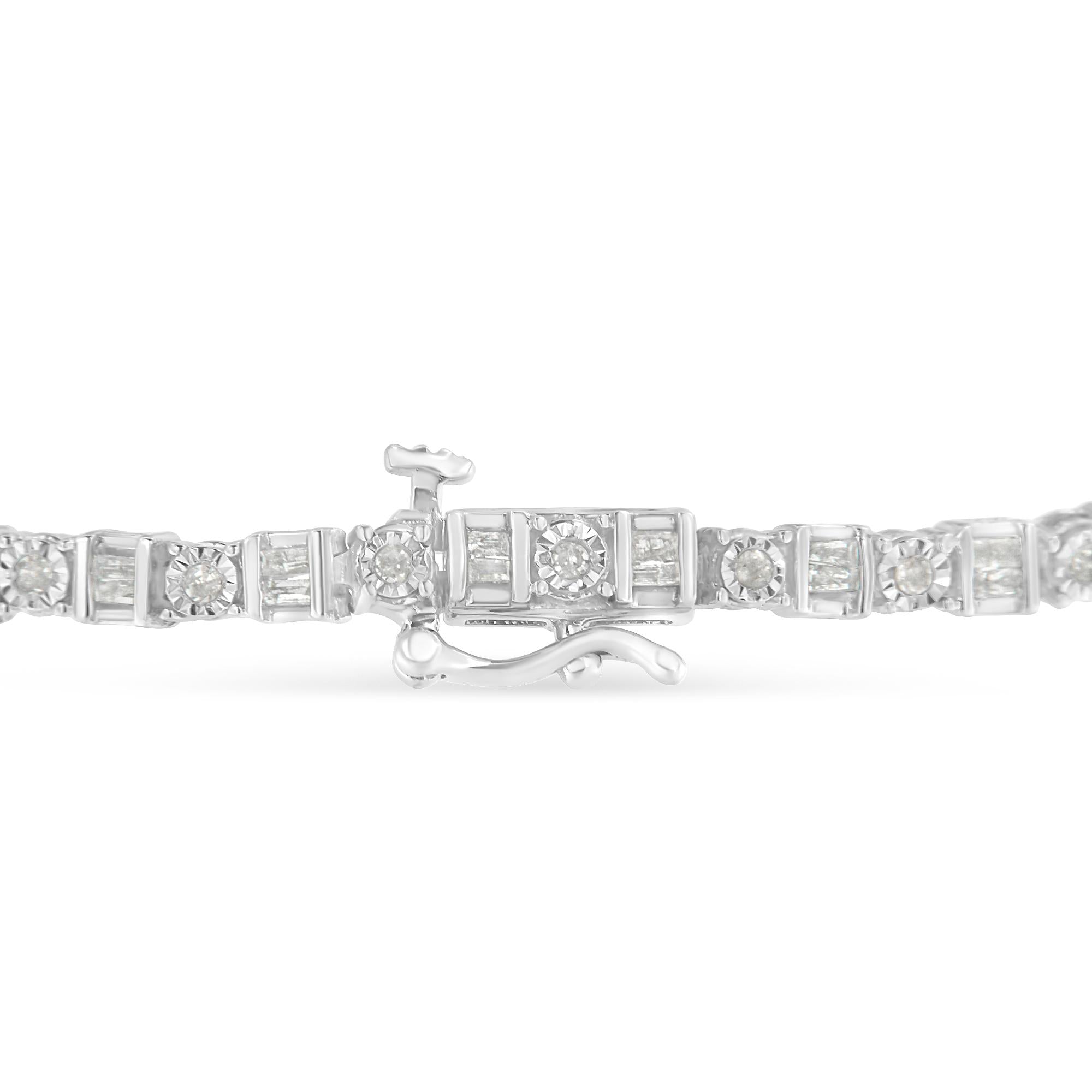 Pulsera de tenis de 18 cm con diamantes de talla baguette y redondos de 1,0 ct en plata de ley 925 (color IJ, claridad I3) - Friggin Jewelry