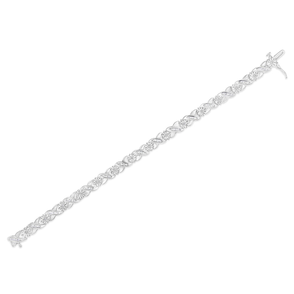 .925 Sterling Silver 1.0 Cttw Round-Brilliant and Baguette Cut Diamond Miracle-Set X-Link 7" Tennis Bracelet (I-J Color, I2-I3 Clarity) - Friggin Jewelry