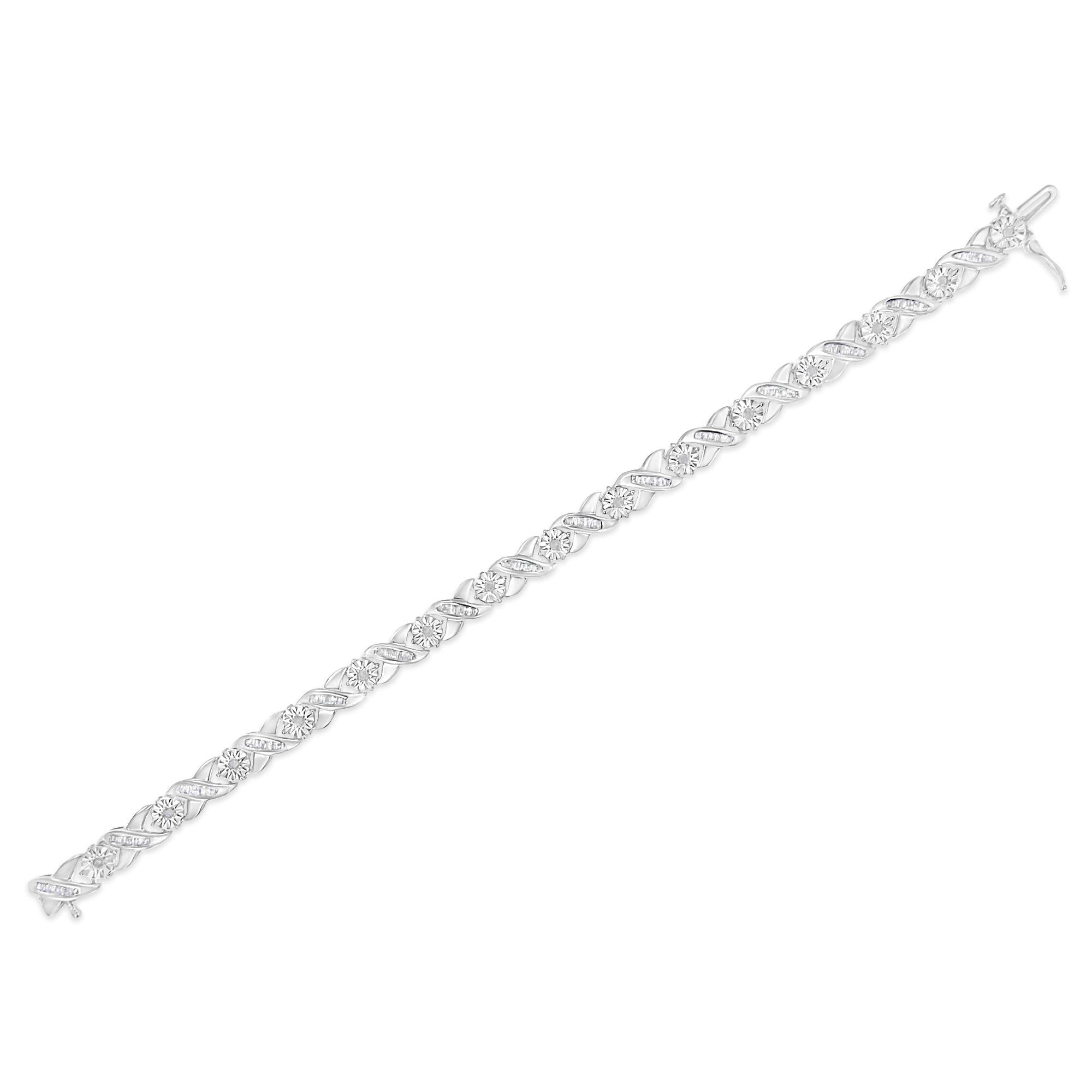 .925 Sterling Silver 1.0 Cttw Round-Brilliant and Baguette Cut Diamond Miracle-Set X-Link 7" Tennis Bracelet (I-J Color, I2-I3 Clarity) - Friggin Jewelry