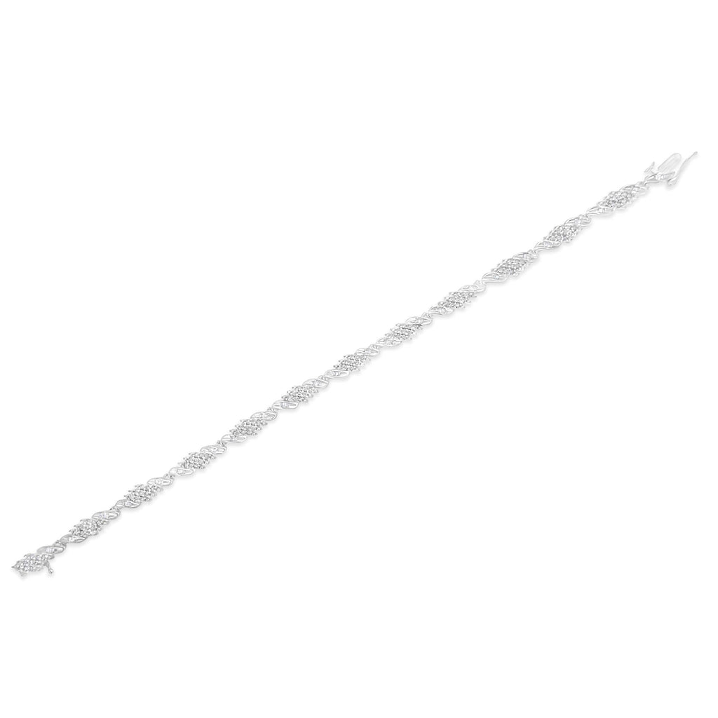 .925 Sterling Silver 1-1/2 Cttw Round and Baguette Cut Diamond Wave Link Bracelet (I-J Color, I2-I3 Clarity) - 7" - Friggin Jewelry