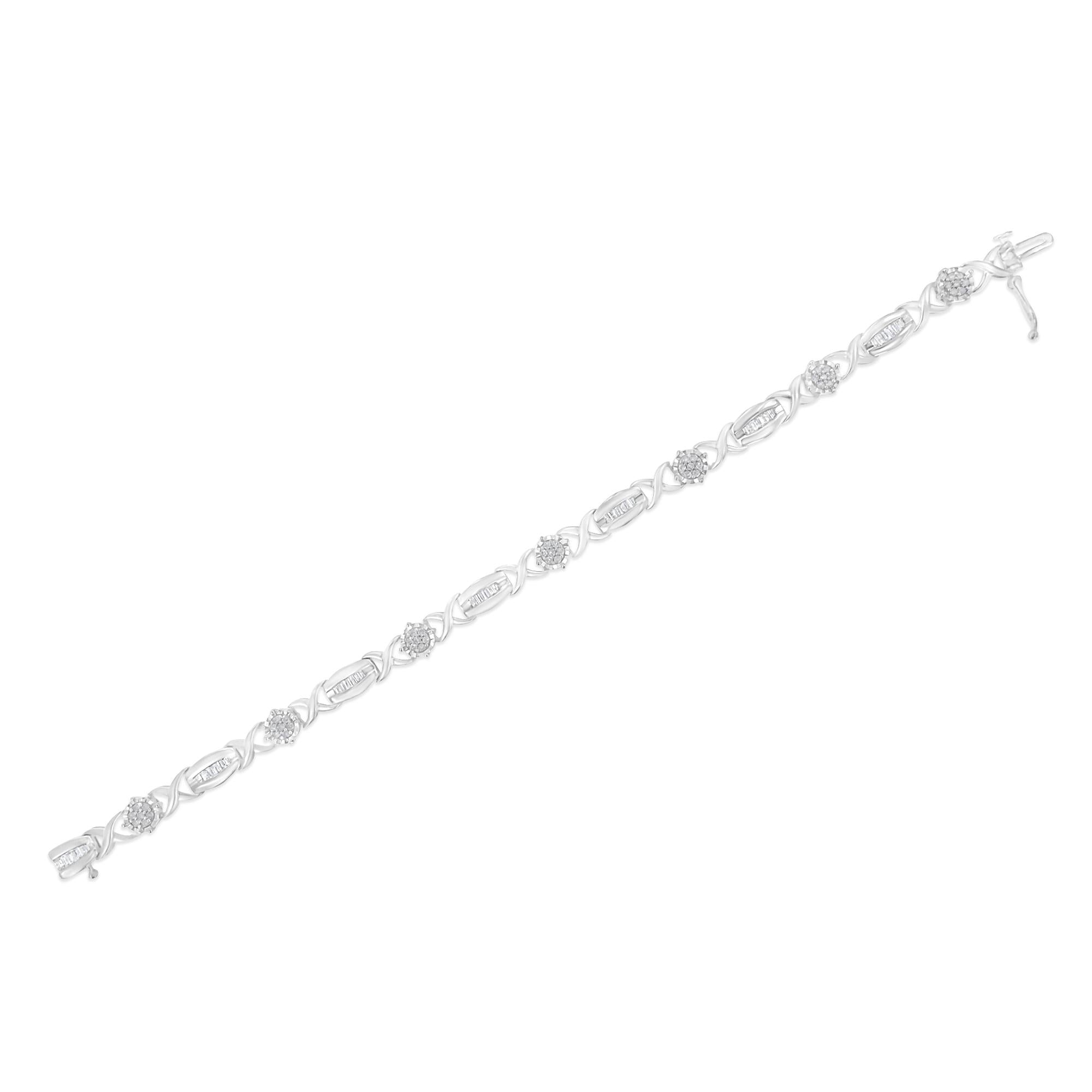 Pulsera de eslabones en X de diamantes de talla redonda y baguette de 1,0 quilates en plata de ley 925 (color IJ, claridad I1-I2) - 18,8 cm - Friggin Jewelry