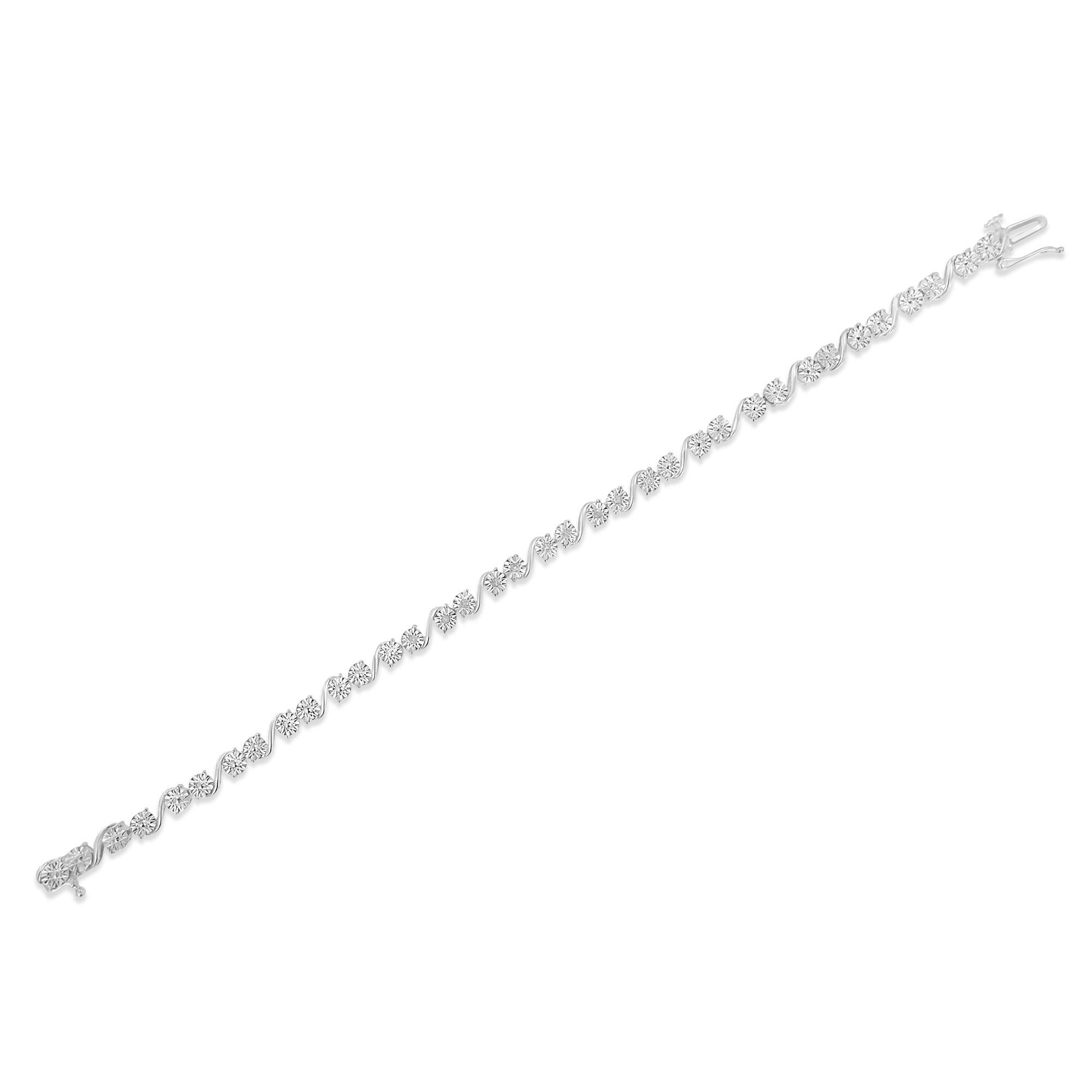 Pulsera de tenis con placa milagrosa de eslabones "S" de diamantes redondos de 1/10 quilates en plata de ley 925 (color IJ, claridad I3) - 18 cm - Friggin Jewelry
