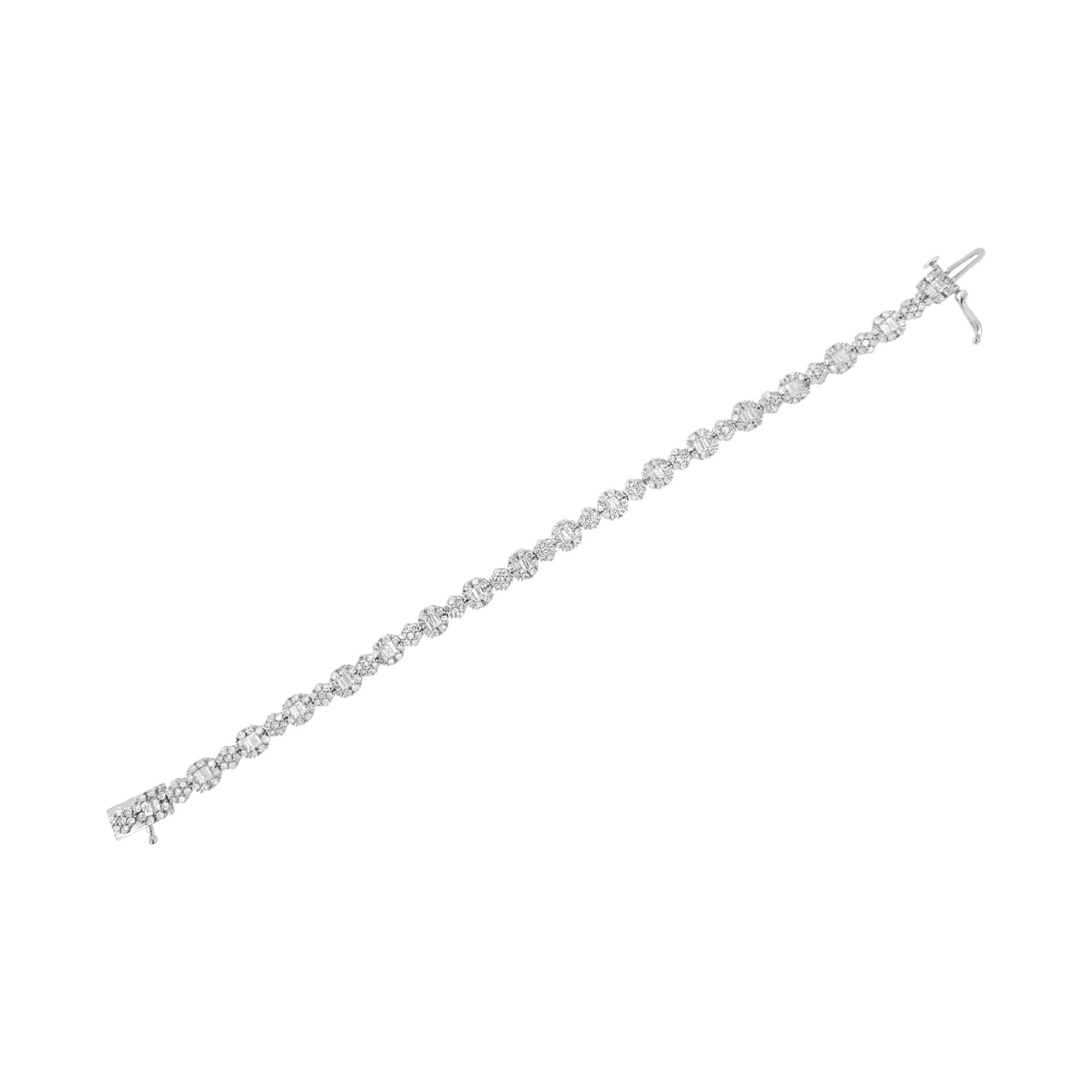 10K White Gold 4.0 cttw Brilliant Round-cut and Baguette Diamond Floral Cluster Link Bracelet (I-J Clarity, I1-I2 Color) - Size 7" - Friggin Jewelry