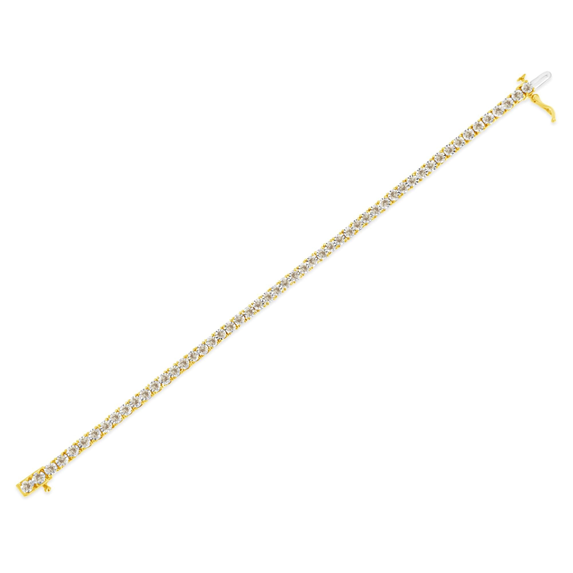 Pulsera de tenis de plata de ley 925 bañada en oro amarillo de 14 quilates con diamantes engastados milagros de 3,0 quilates (color LM, claridad I2-I3) - 18,3 cm - Friggin Jewelry