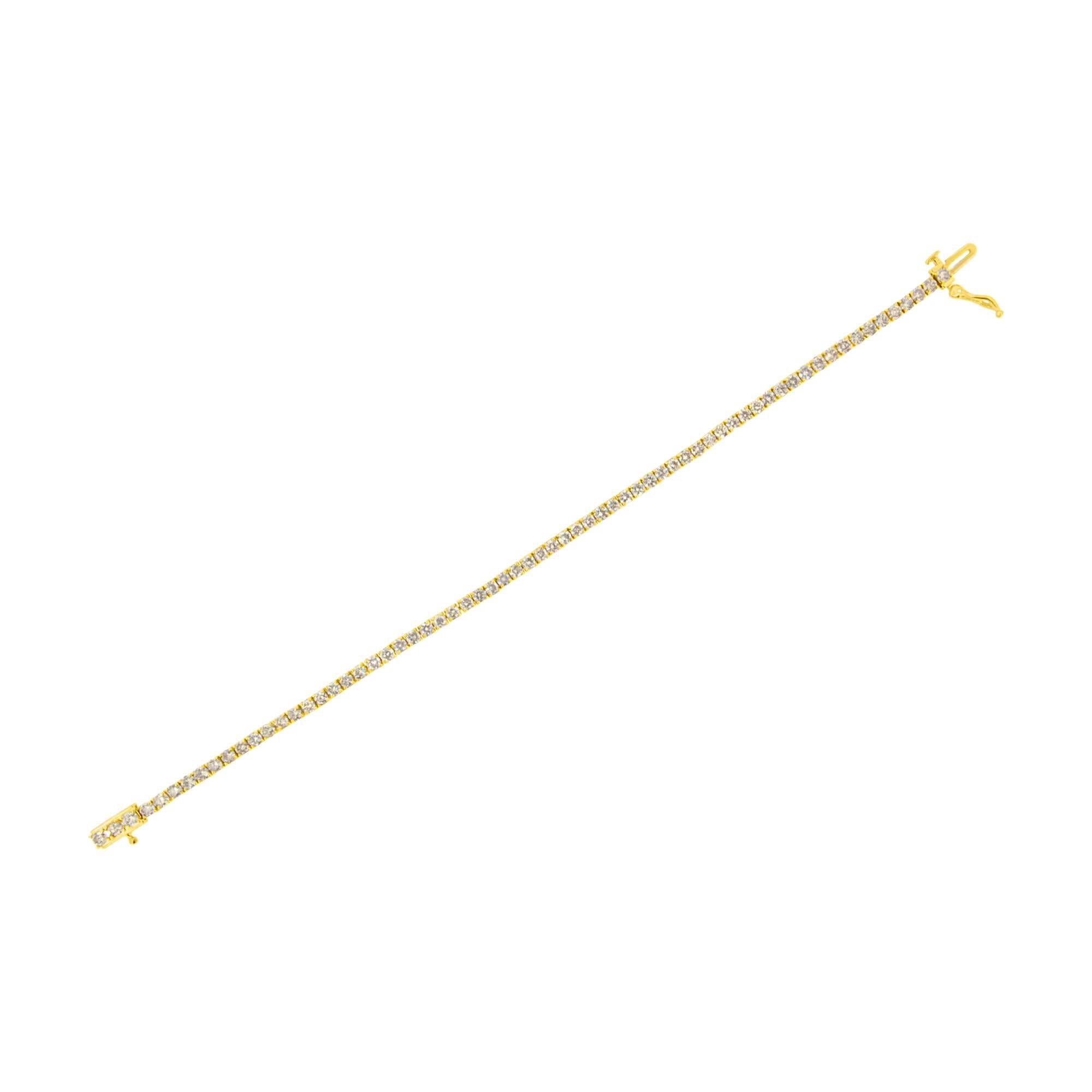 Pulsera clásica de tenis de plata de ley 925 bañada en oro amarillo de 14 quilates con diamantes de talla redonda engastados en 4 puntas (color KL, claridad I2-I3) - Talla 7,25" - Friggin Jewelry