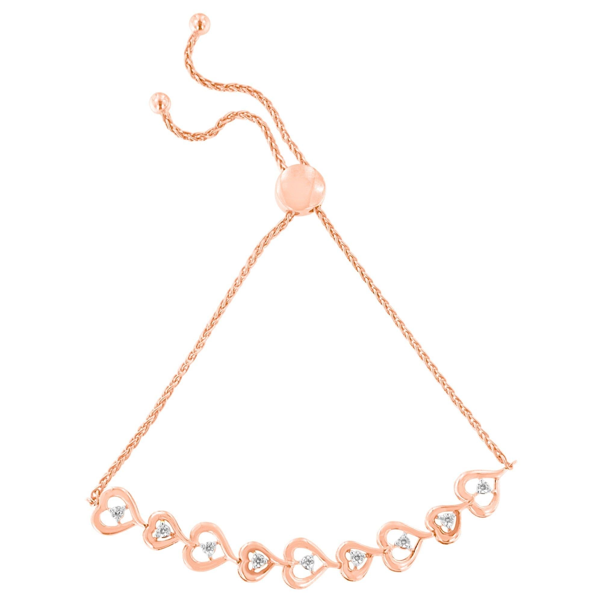 Rose Plated Sterling Silver Diamond Heart-Linked Bolo Bracelet (0.30 cttw, H-I Color, I2-I3 Clarity) - Friggin Jewelry