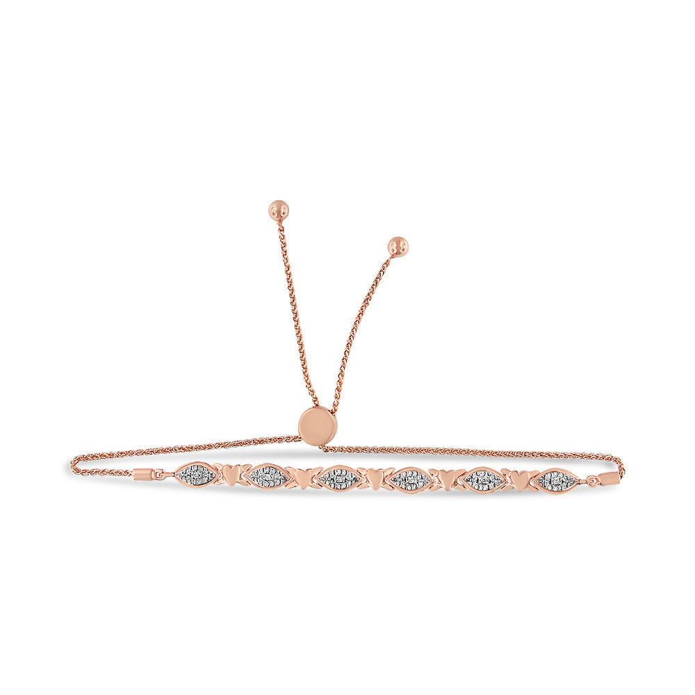Pulsera bolo de plata de ley 925 con detalles de diamantes, forma marquesa alternada y eslabones de corazón (color IJ, claridad I3) - Ajustable de 15 a 23 cm - Friggin Jewelry