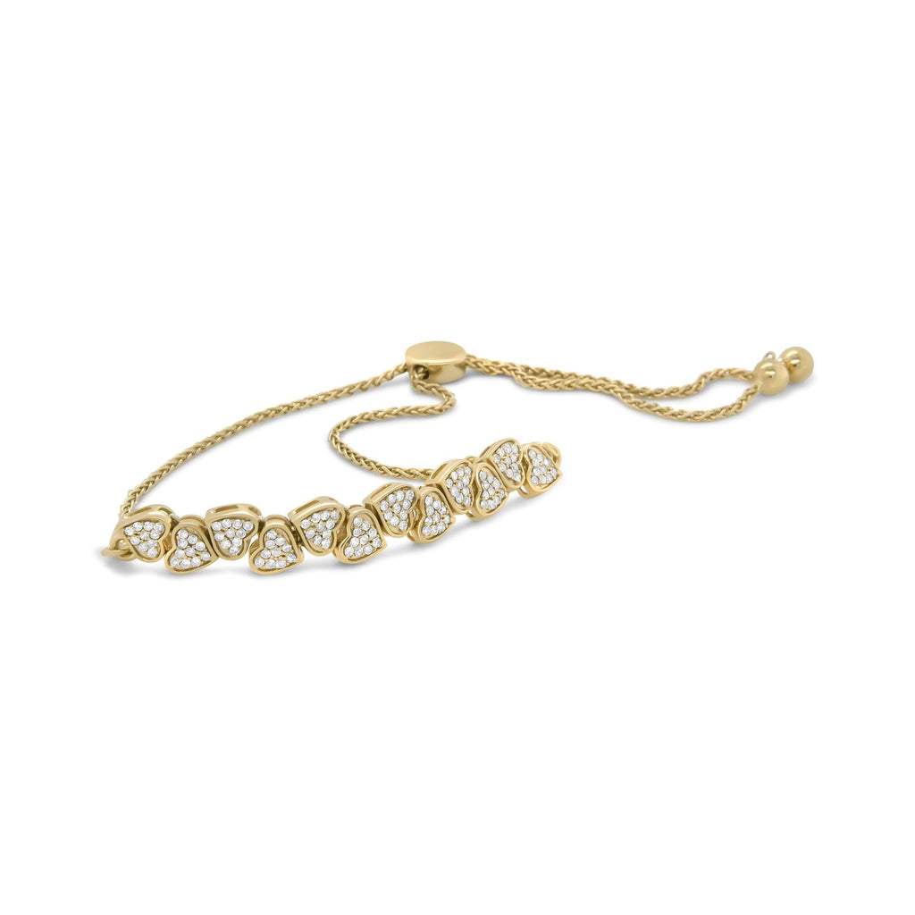 Yellow Gold Plated .925 Sterling Silver 1/2 Cttw Diamond Sideways Hearts Bolo Bracelet (H-I Color, I1-I2 Clarity) - 4”-10” Adjustable - Friggin Jewelry