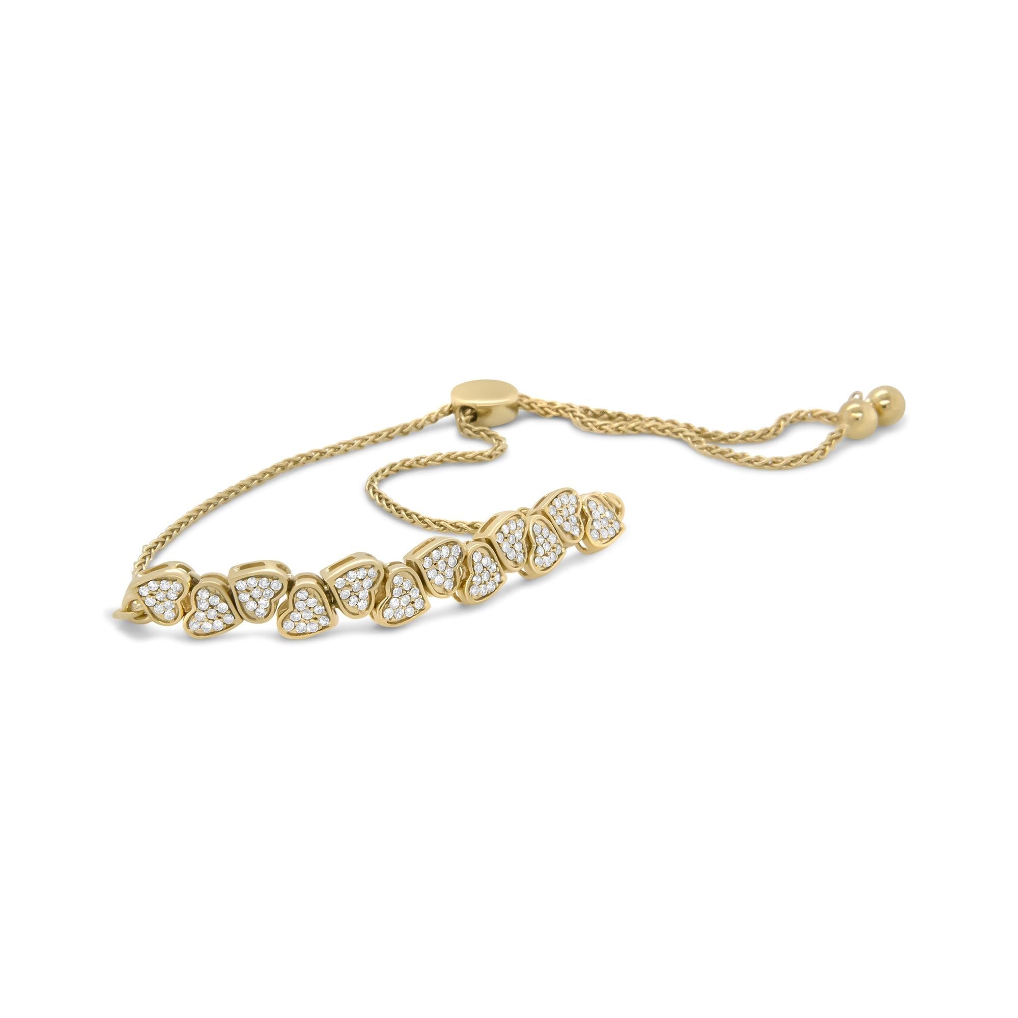 Yellow Gold Plated .925 Sterling Silver 1/2 Cttw Diamond Sideways Hearts Bolo Bracelet (H-I Color, I1-I2 Clarity) - 4”-10” Adjustable - Friggin Jewelry