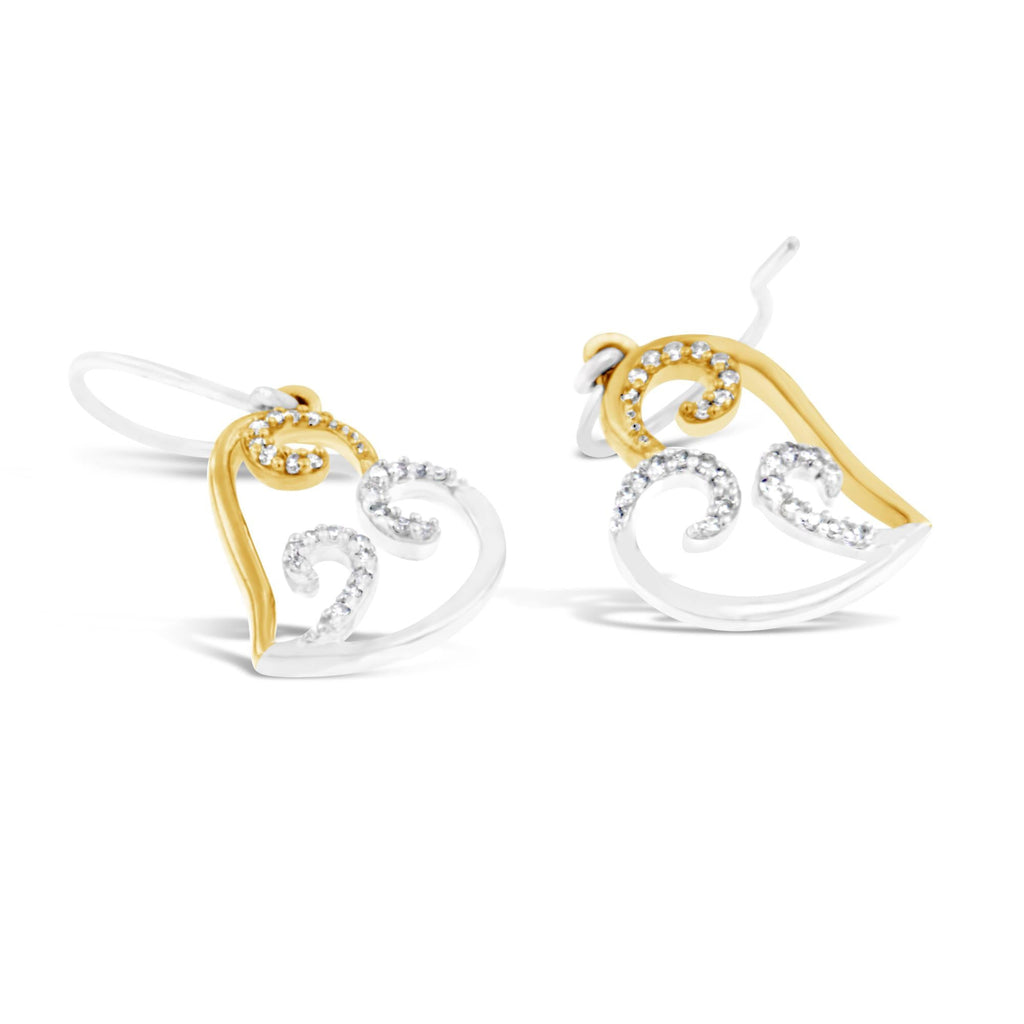 10K Two-tone Gold Round Diamond Heart Dangle Earrings (1/4 cttw, I-J Color, I2-I3 Clarity) - Friggin Jewelry