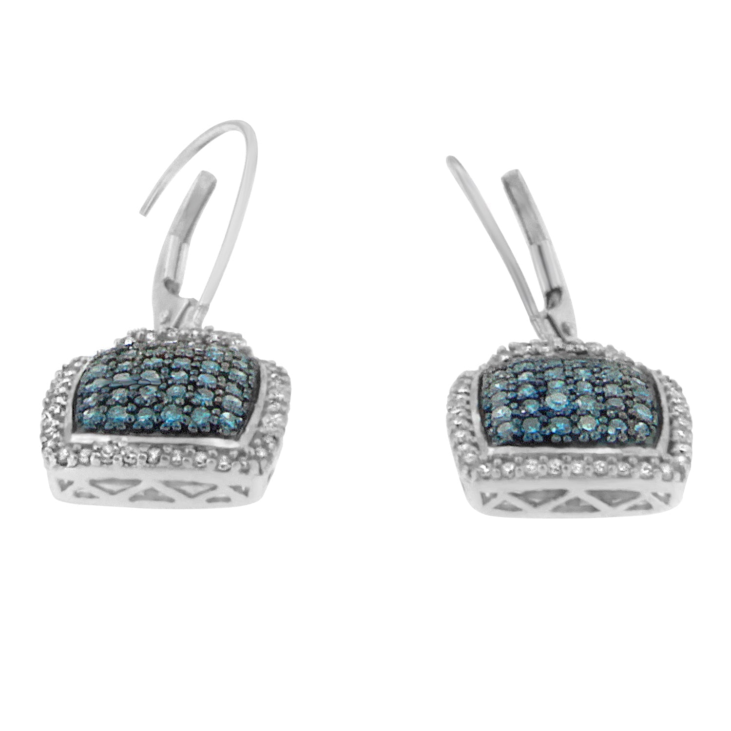 Black Rhodium over .925 Sterling Silver ¾ Cttw Blue and White Diamond Cushion Shaped Dangle Earrings (Enhanced Blue & I-J Color, I2-I3 Clarity) - Friggin Jewelry