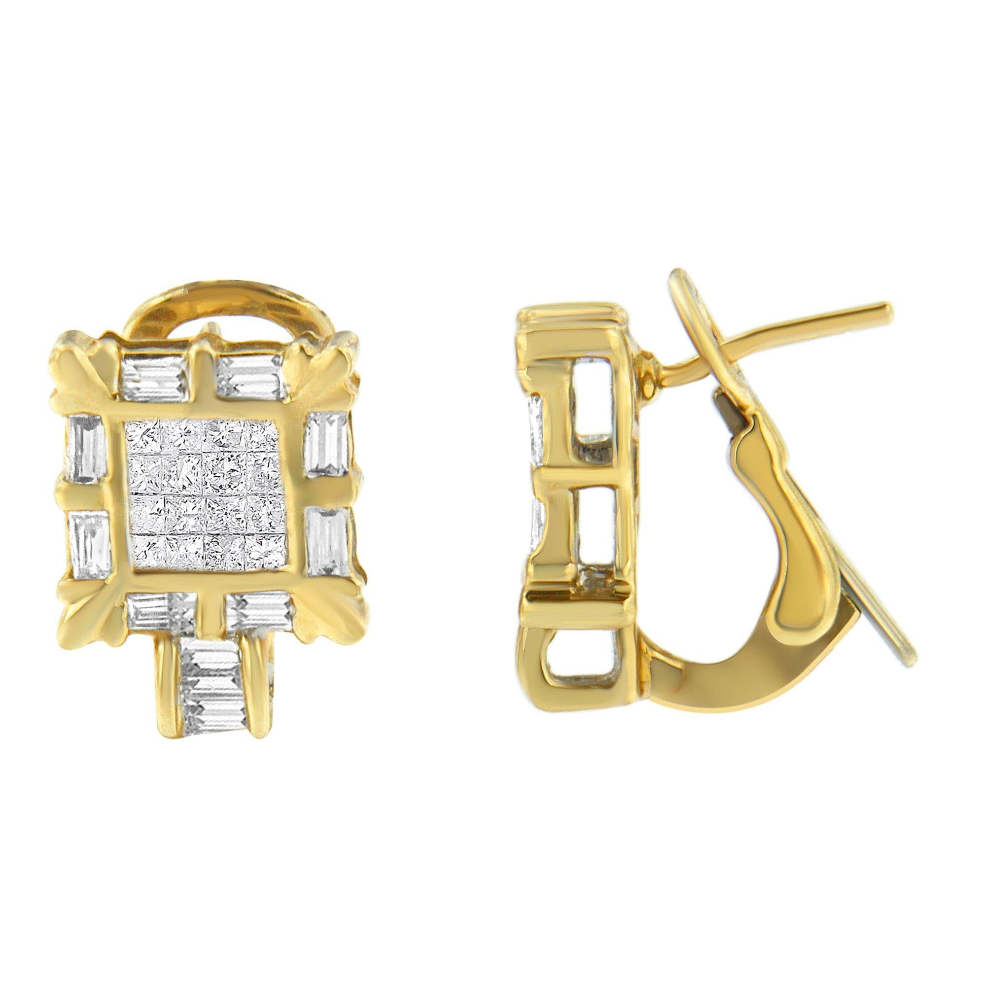 14K Yellow Gold 7/8 Cttw Princess and Baguette-Cut Diamond Square Framed Huggie Hoop Omega Earrings (H-I Color, SI1-SI2 Clarity) - Friggin Jewelry
