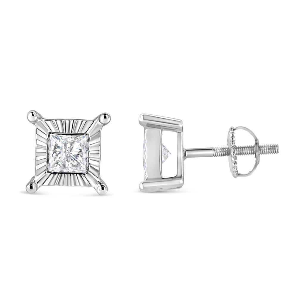 Pendientes solitarios de diamantes de talla princesa engastados en plata de ley 925 (color HI, claridad I2-I3) - Friggin Jewelry