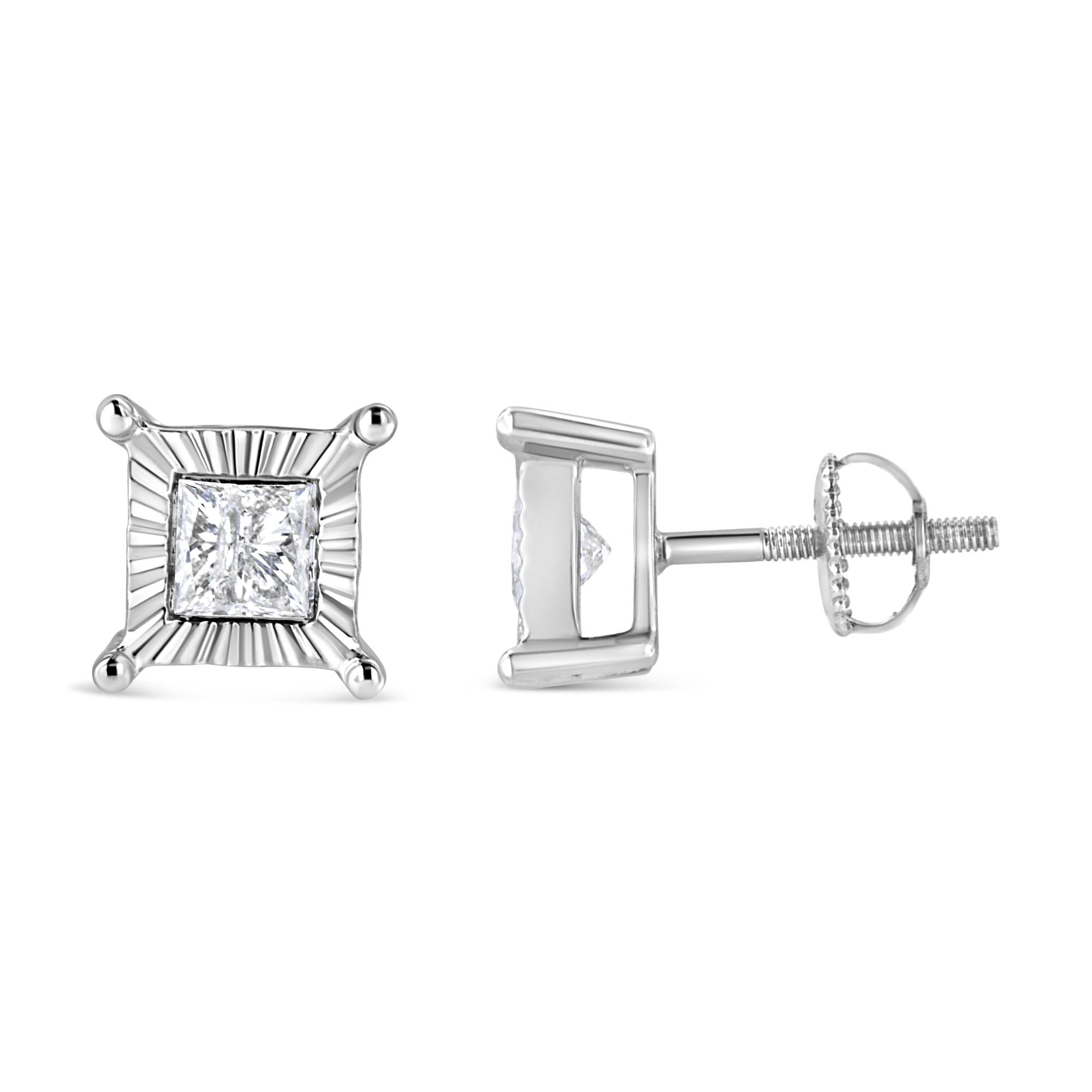 Pendientes solitarios de diamantes de talla princesa engastados en plata de ley 925 (color HI, claridad I2-I3) - Friggin Jewelry