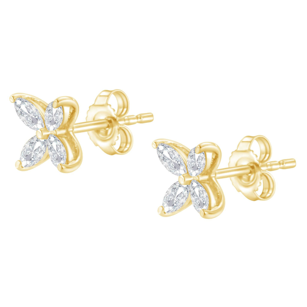 14K Gold Marquise Diamond 8 Stone Floral Leaf Stud Earrings (I-J Color, SI2-I1 Clarity) - Friggin Jewelry