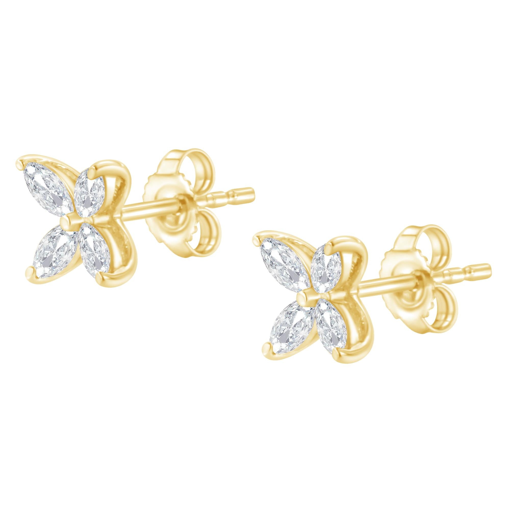 Aretes de oro de 14 quilates con forma de hoja floral y diamantes marquesa de 8 piedras (color IJ, claridad SI2-I1) - Friggin Jewelry