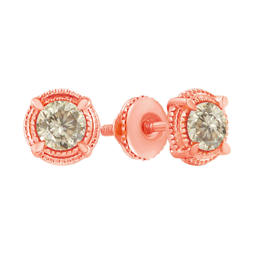 .925 Sterling Silver Round Brilliant Cut Diamond Solitaire Milgrain Stud Earrings - Friggin Jewelry
