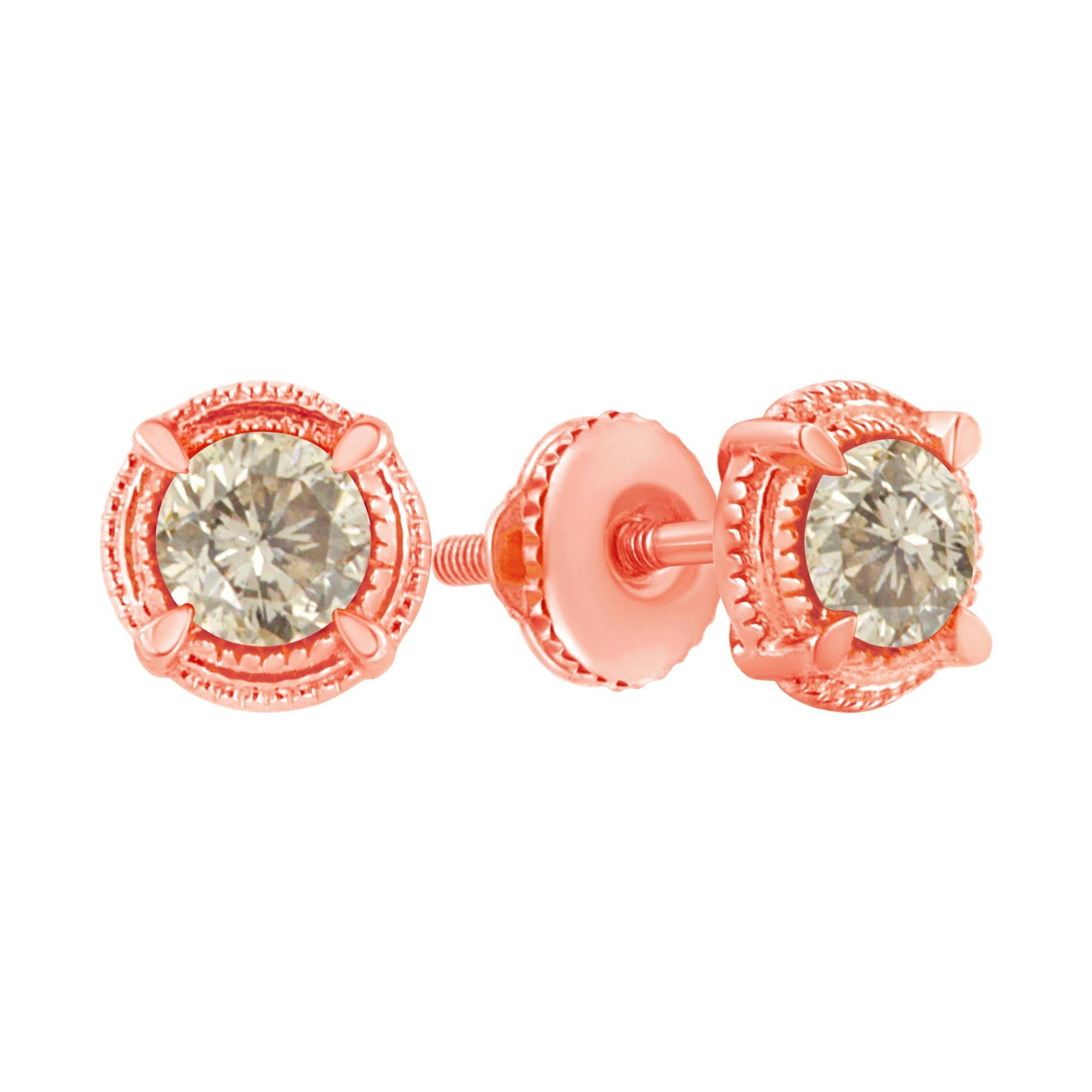 .925 Sterling Silver Round Brilliant Cut Diamond Solitaire Milgrain Stud Earrings - Friggin Jewelry