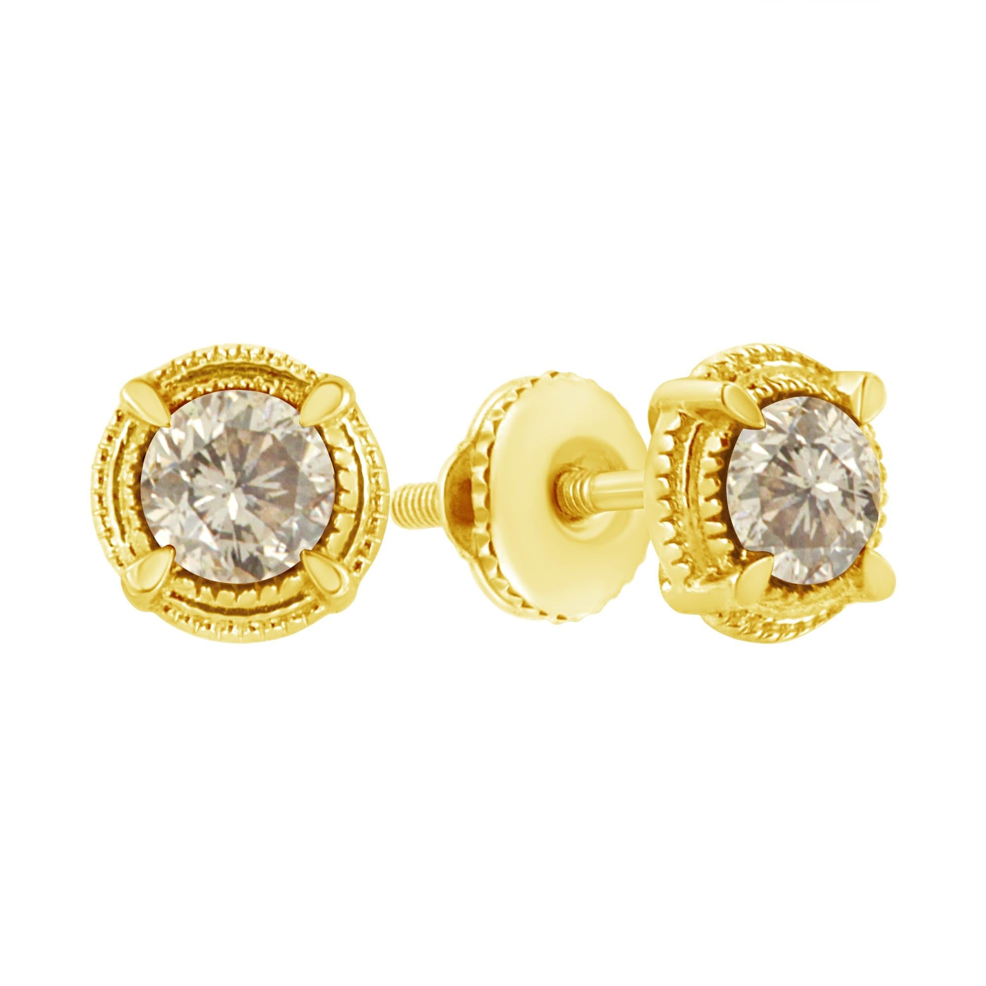 .925 Sterling Silver Round Brilliant Cut Diamond Solitaire Milgrain Stud Earrings - Friggin Jewelry