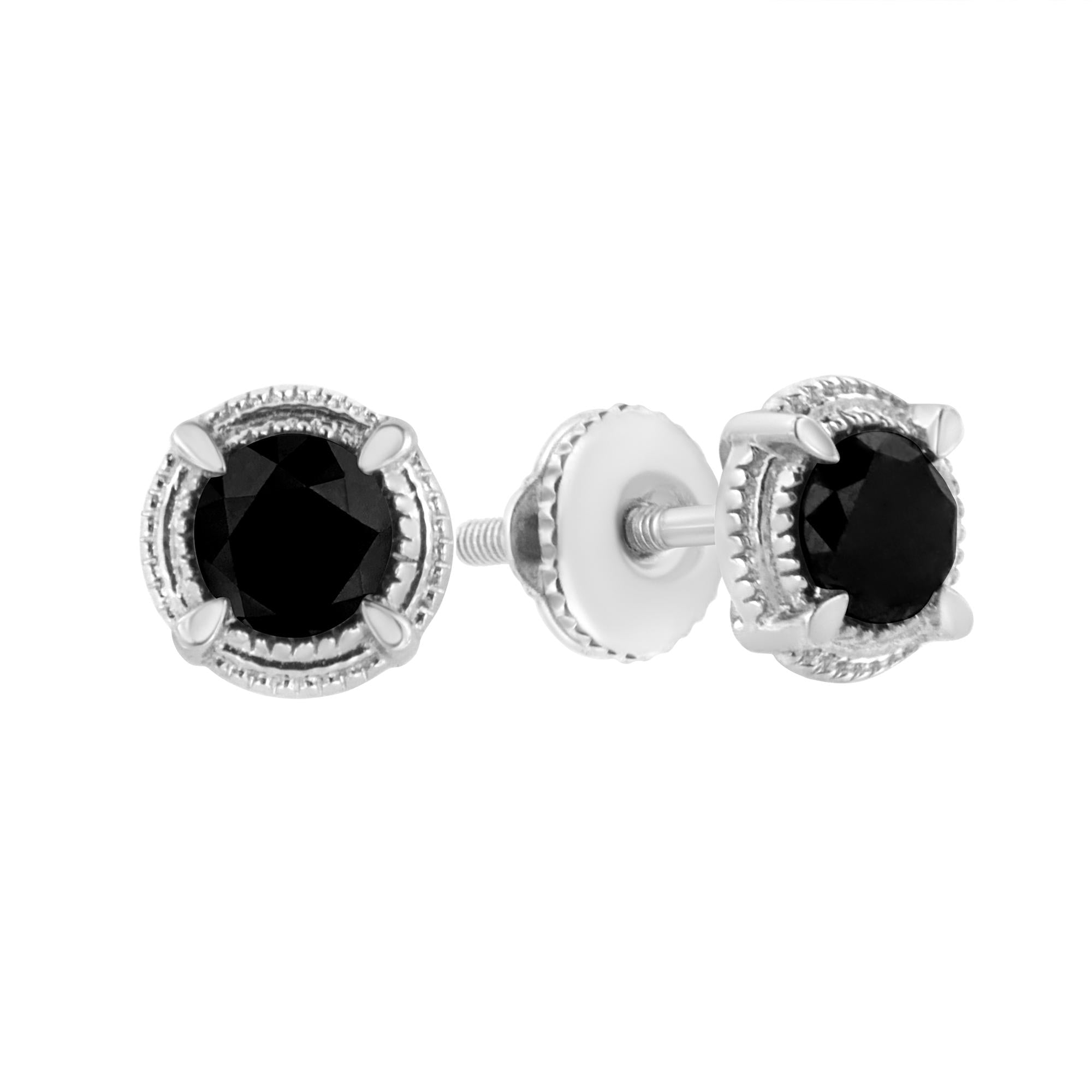 Black Rhodium Plated .925 Sterling Silver Round Diamond Double Halo 4-Prong Solitaire Milgrain Stud Earrings - Friggin Jewelry