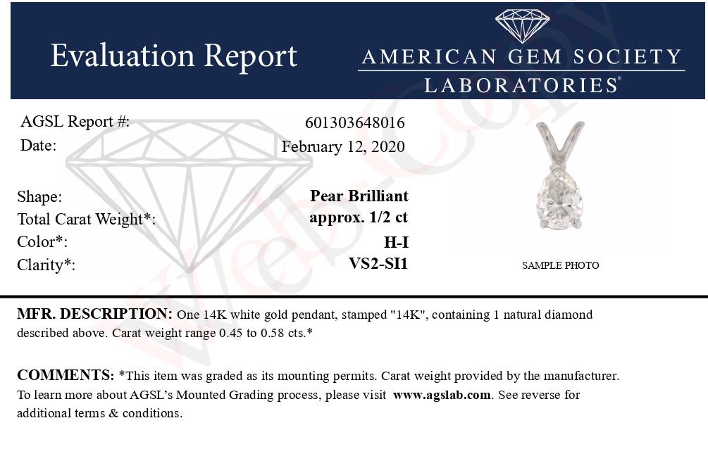 Collana con ciondolo a forma di pera da 18" in oro bianco 14 carati certificato AGS da 1/2 ct di diamanti (colore HI, purezza VS2-SI1) - Friggin Jewelry