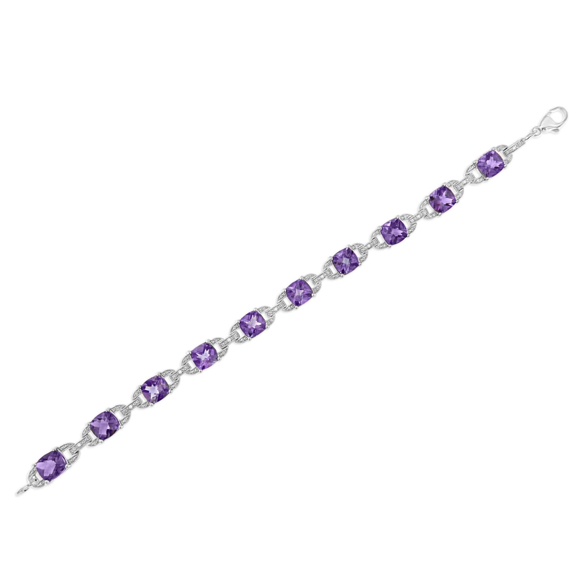 .925 Sterling Silver 7mm Cushion Cut Amethyst Gemstone and Diamond Tennis Link Bracelet (I-J Color, I1-I2 Clarity) - Size 7" - Friggin Jewelry