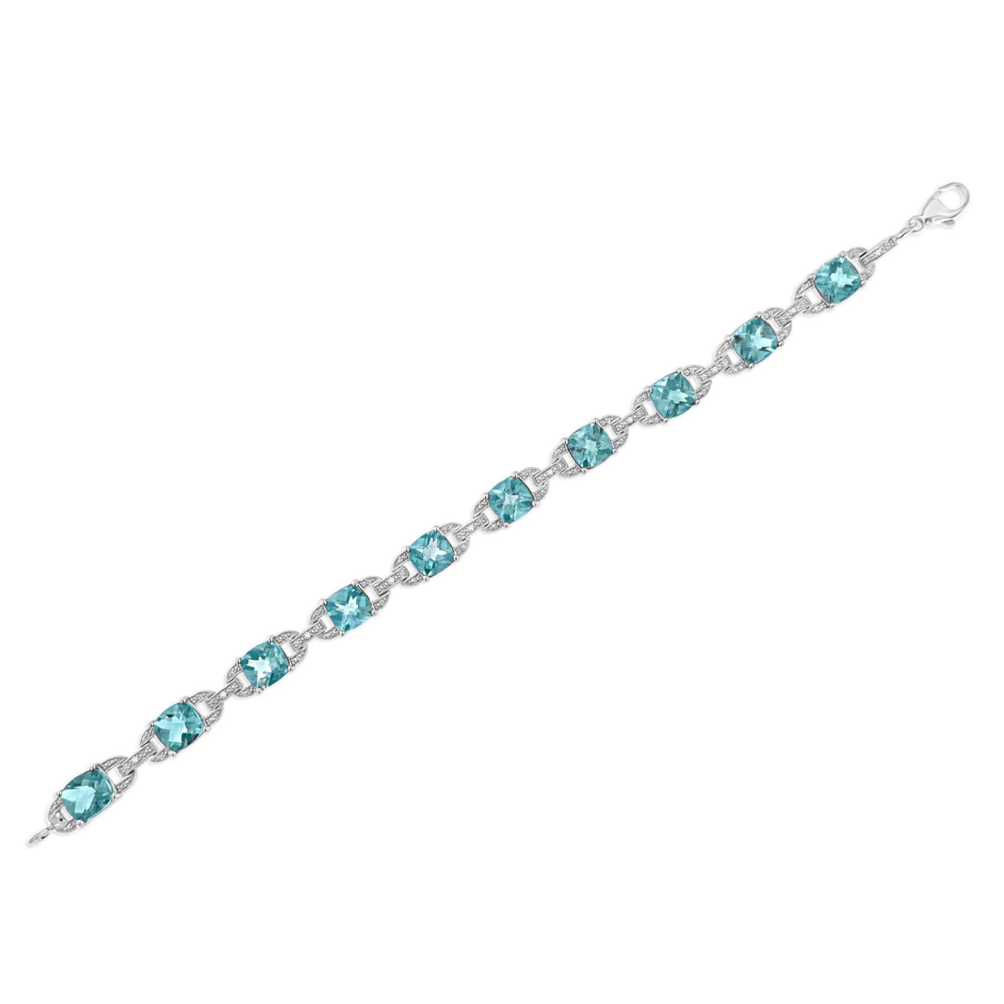 .925 Sterling Silver 7x7 mm Cushion Cut Blue Topaz and 1/20 cttw Round Cut Diamond Fashion Tennis Bracelet (I-J Color, I1-I2 Clarity) - 7" - Friggin Jewelry