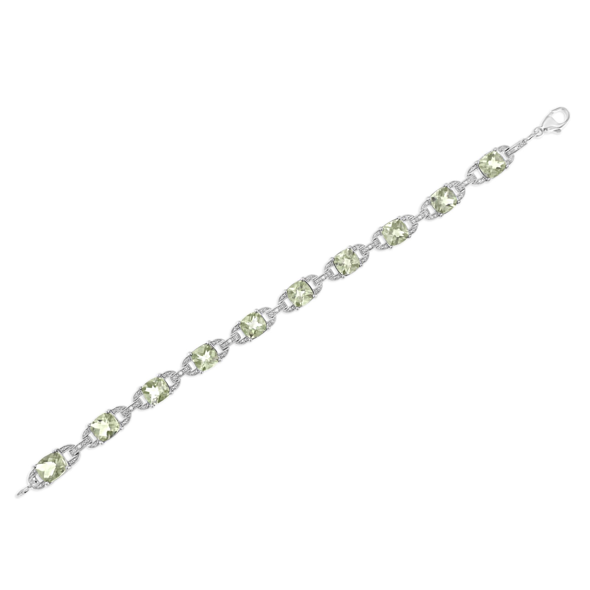 .925 Sterling Silver 7x7 mm Cushion Cut Green Amethyst and 1/20 cttw Round Cut Diamond Fashion Tennis Bracelet (I-J Color, I1-I2 Clarity) - 7" - Friggin Jewelry