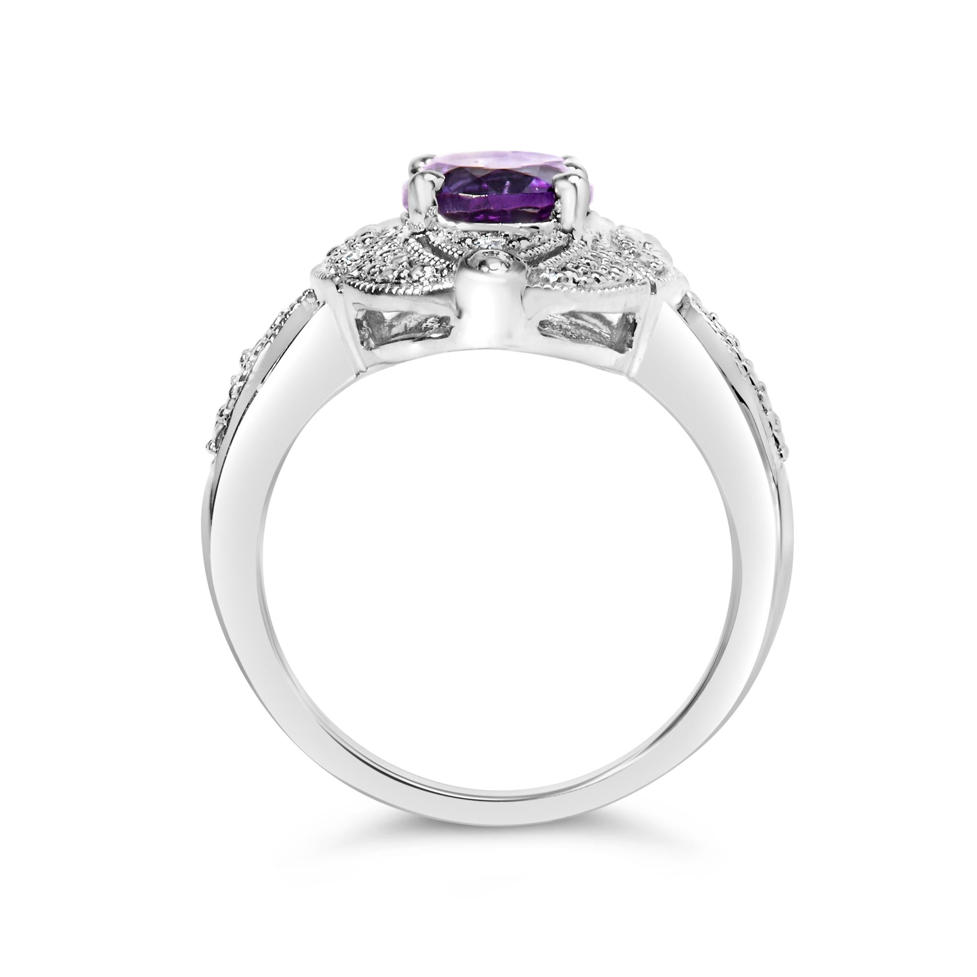 .925 Sterling Silver 9x7mm Oval Purple Amethyst and Round Diamond Accent Fashion Cocktail Ring (I-J Color, I1-I2 Clarity) - Friggin Jewelry