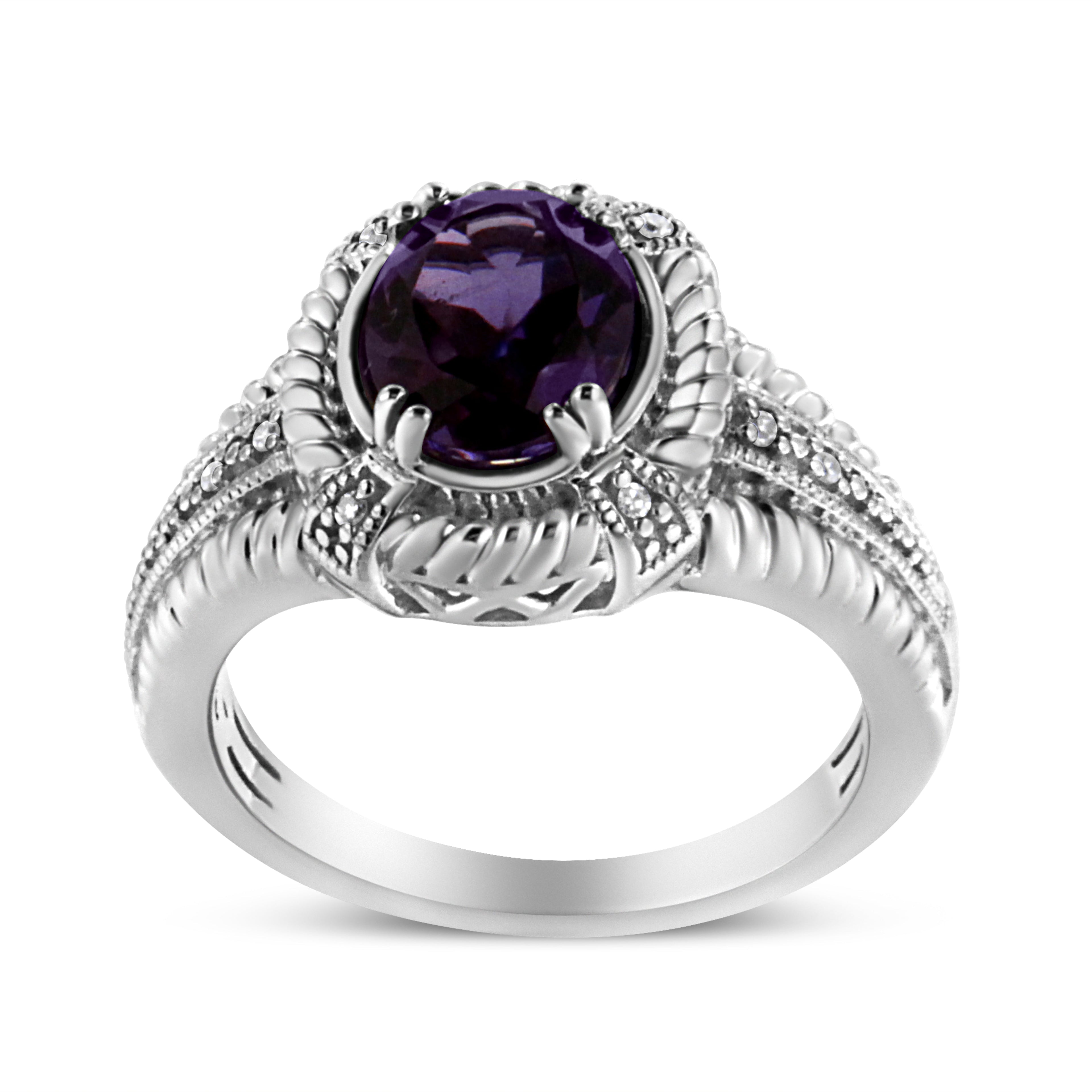 .925 Sterling Silver Prong Set Natural Oval Shape 9X7 MM Purple Amethyst Solitaire and Diamond Accent Ring (I-J Color, I1-I2 Clarity) - Friggin Jewelry