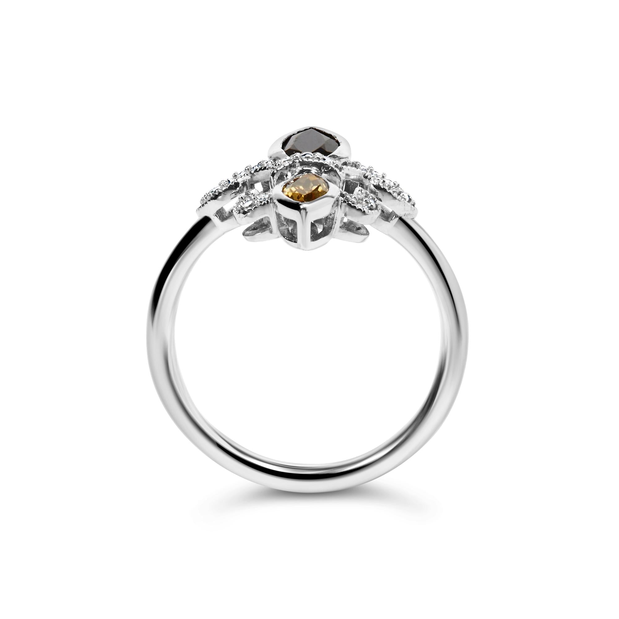 .925 Sterling Silver Black Onyx and Yellow Citrine Marquise and Diamond Accent Fleur De Lis Ring (H-I Color, SI1-SI2 Clarity) - Friggin Jewelry