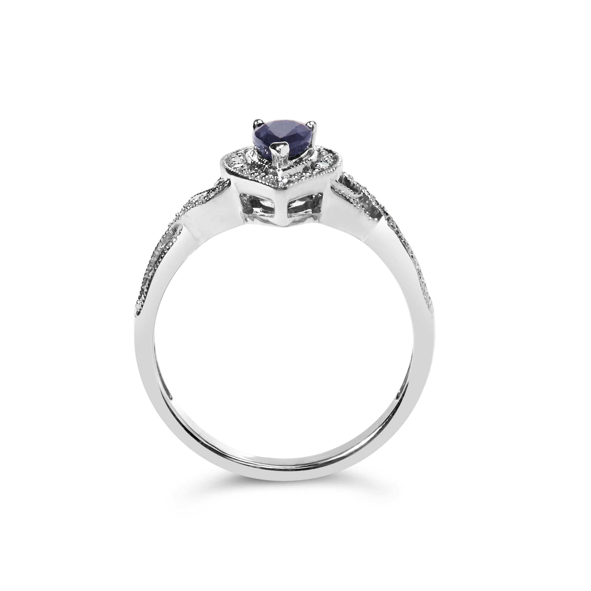 Anillo de moda con halo de zafiro pera de 6 x 4 mm y detalles de diamantes en plata de ley 925 (color HI, claridad SI1-SI2) - Friggin Jewelry