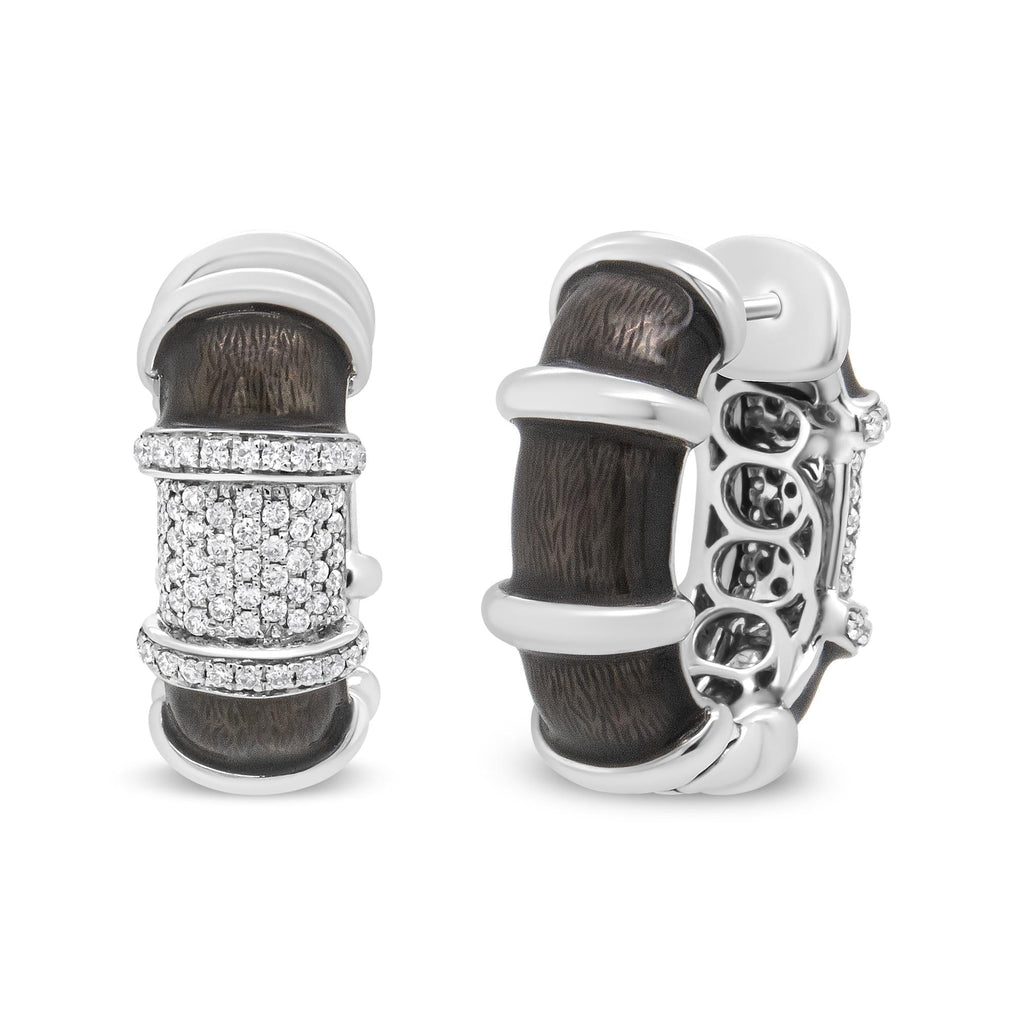 18K White Gold Flash Plated .925 Sterling Silver Clear Graphite Grey Enamel 5/8 Cttw Round Diamonds Huggie Hoop Earrings (F-G Color, VS1-VS2 Clarity) - Friggin Jewelry