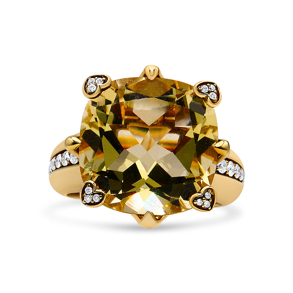 18K Yellow Gold 15x15mm Cushion Cut Lemon Quartz and 1/4 Cttw Diamond Accented Cocktail Ring (F-G Color, VS1-VS2 Clarity) - Friggin Jewelry
