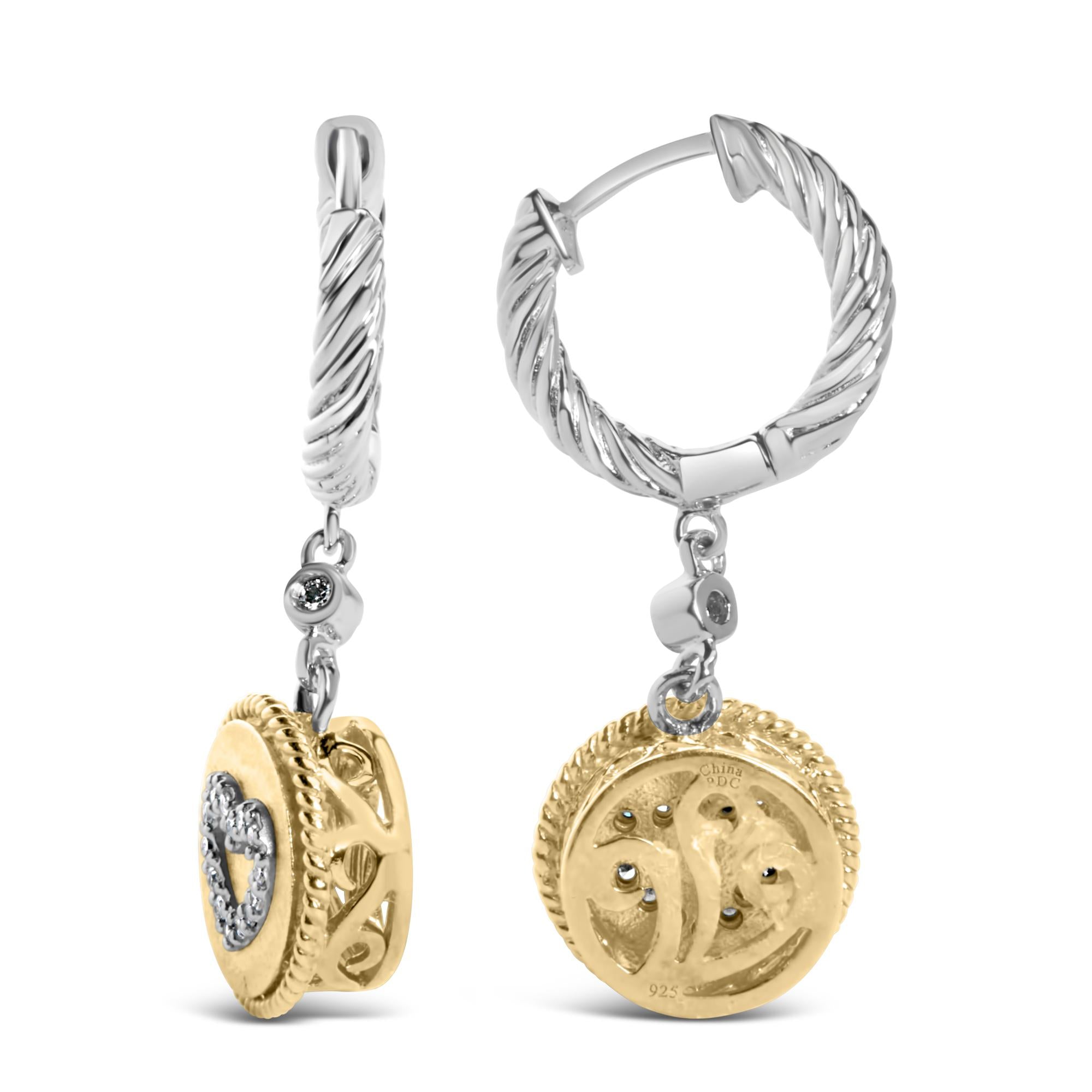 18K Yellow Gold Plated .925 Sterling Silver 1/8 Cttw Diamond Heart Medallion Drop and Dangle Earring (I-J Color, SI1-SI2 Clarity) - Friggin Jewelry