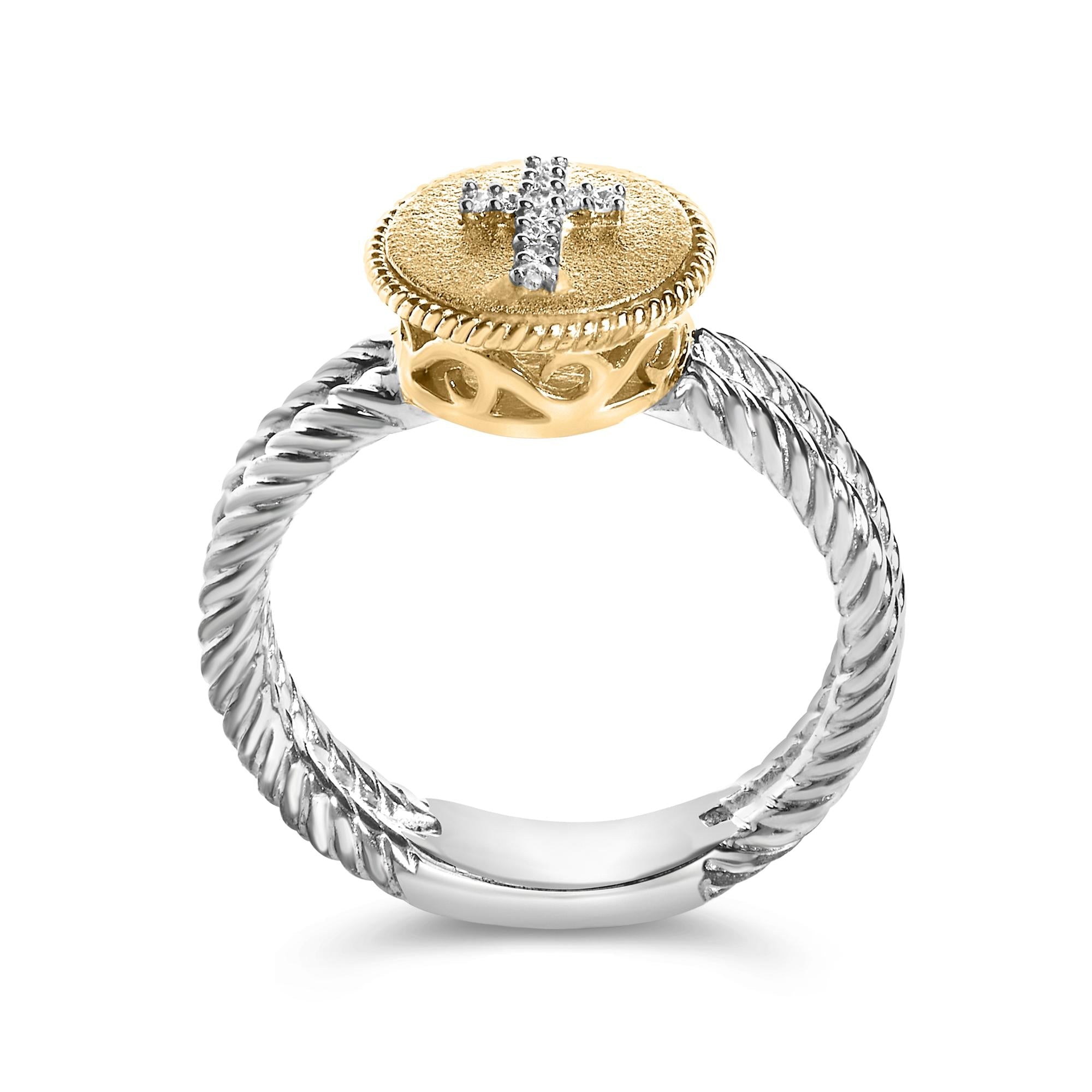 18K Yellow Gold Plated .925 Sterling Silver Diamond Cross Ring with Satin Finish (I-J Color, SI1-SI2 Clarity) - Friggin Jewelry