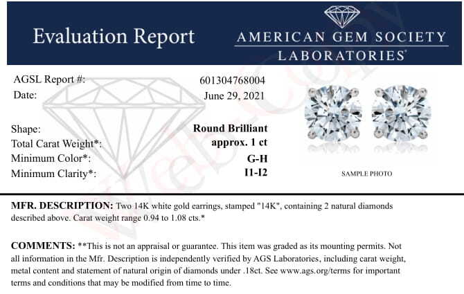 Aretes de botón con cierre a presión y diamante solitario de talla redonda brillante engastado en 4 puntas, en oro blanco de 14 quilates con certificación AGS (color GH, claridad I1-I2) - Friggin Jewelry