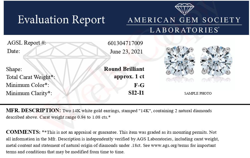 Aretes de botón con diamante solitario de talla redonda brillante engastado en 4 puntas, de oro blanco de 14 quilates con certificación AGS (color FG, claridad SI2-I1) - Friggin Jewelry