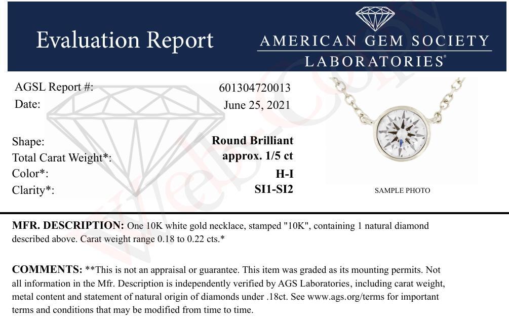 AGS Certified 10K Gold Bezel Set Round Diamond Solitaire 16-18" Adjustable Pendant Necklace (H-I Color, SI1-SI2 Clarity) - Friggin Jewelry