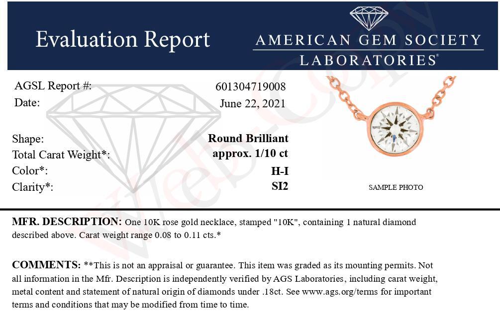 AGS Certified 10K Gold Bezel Set Round Diamond Solitaire 16-18" Adjustable Pendant Necklace (H-I Color, SI1-SI2 Clarity) - Friggin Jewelry